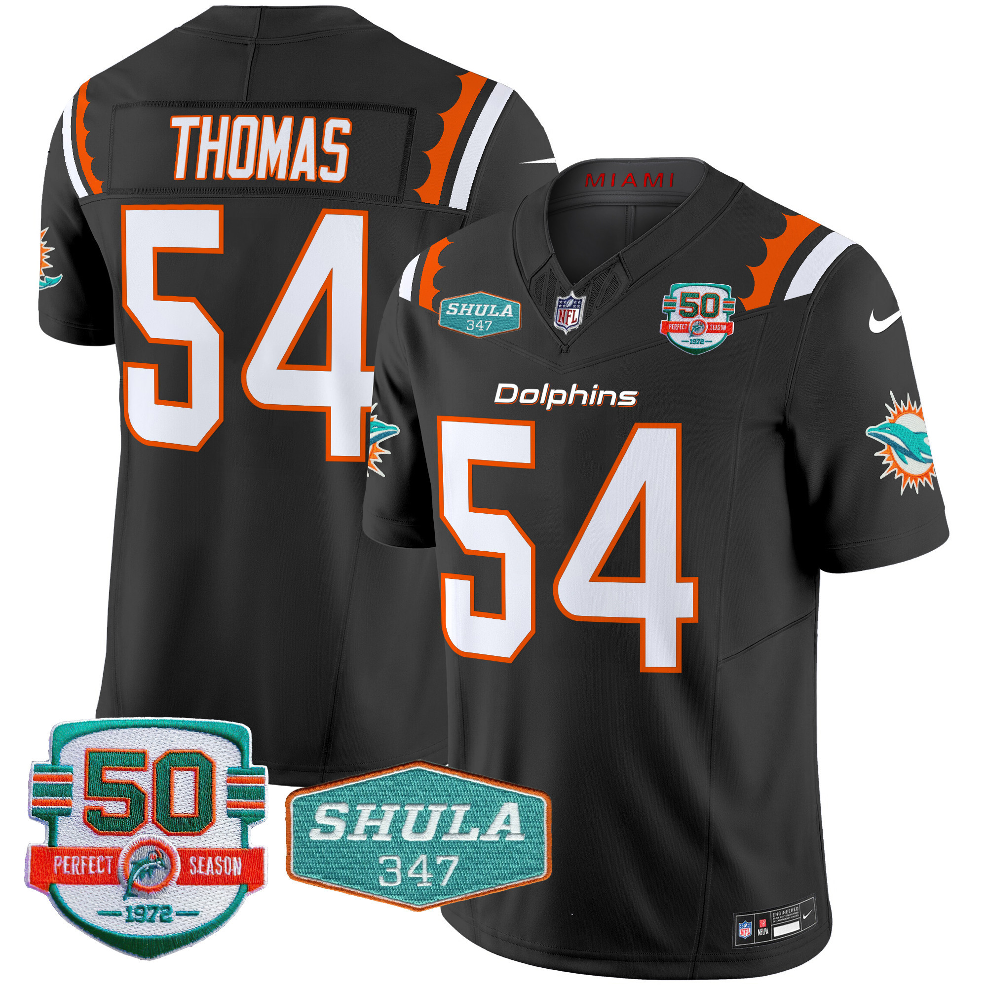 Zach Thomas Men's Miami Dolphins 50th & Don Shula 347 Memorial Patch Vapor Limited Black Jersey - All Stitched