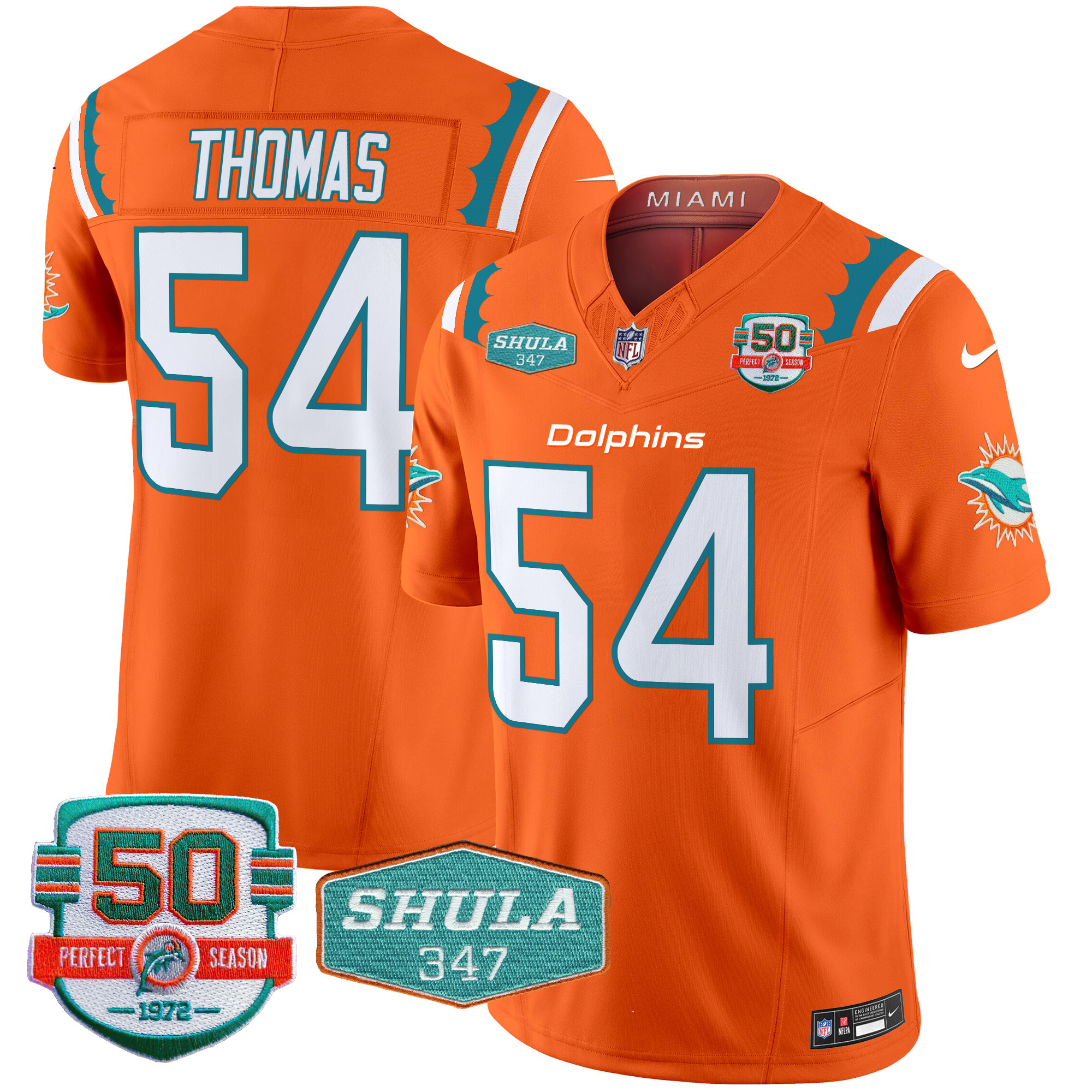 Zach Thomas Men's Miami Dolphins 50th & Don Shula 347 Memorial Patch Vapor Limited Orange Jersey - All Stitched