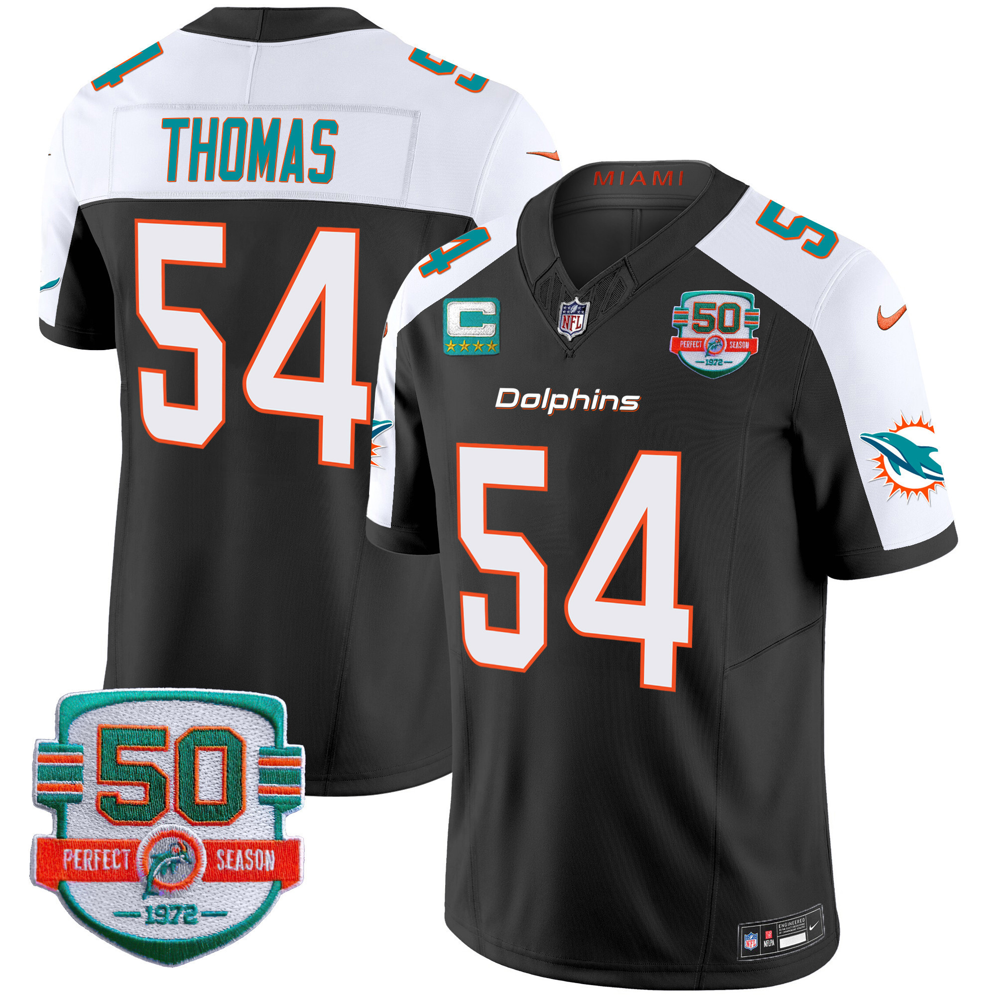 Zach Thomas Men's Miami Dolphins 50th 1972 Perfect Season Patch Vapor Black Alternate Jersey - All Stitched