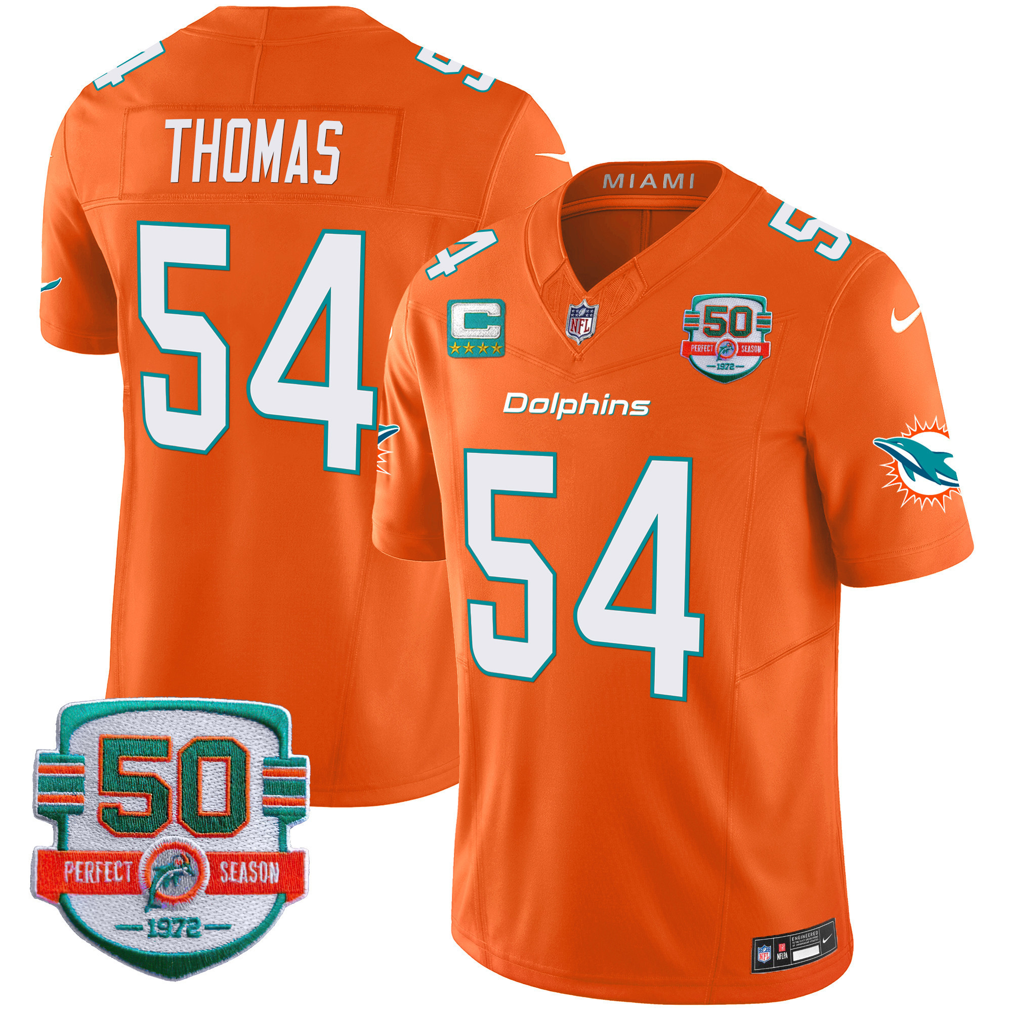 Zach Thomas Men's Miami Dolphins 50th 1972 Perfect Season Patch Vapor Orange Jersey - All Stitched