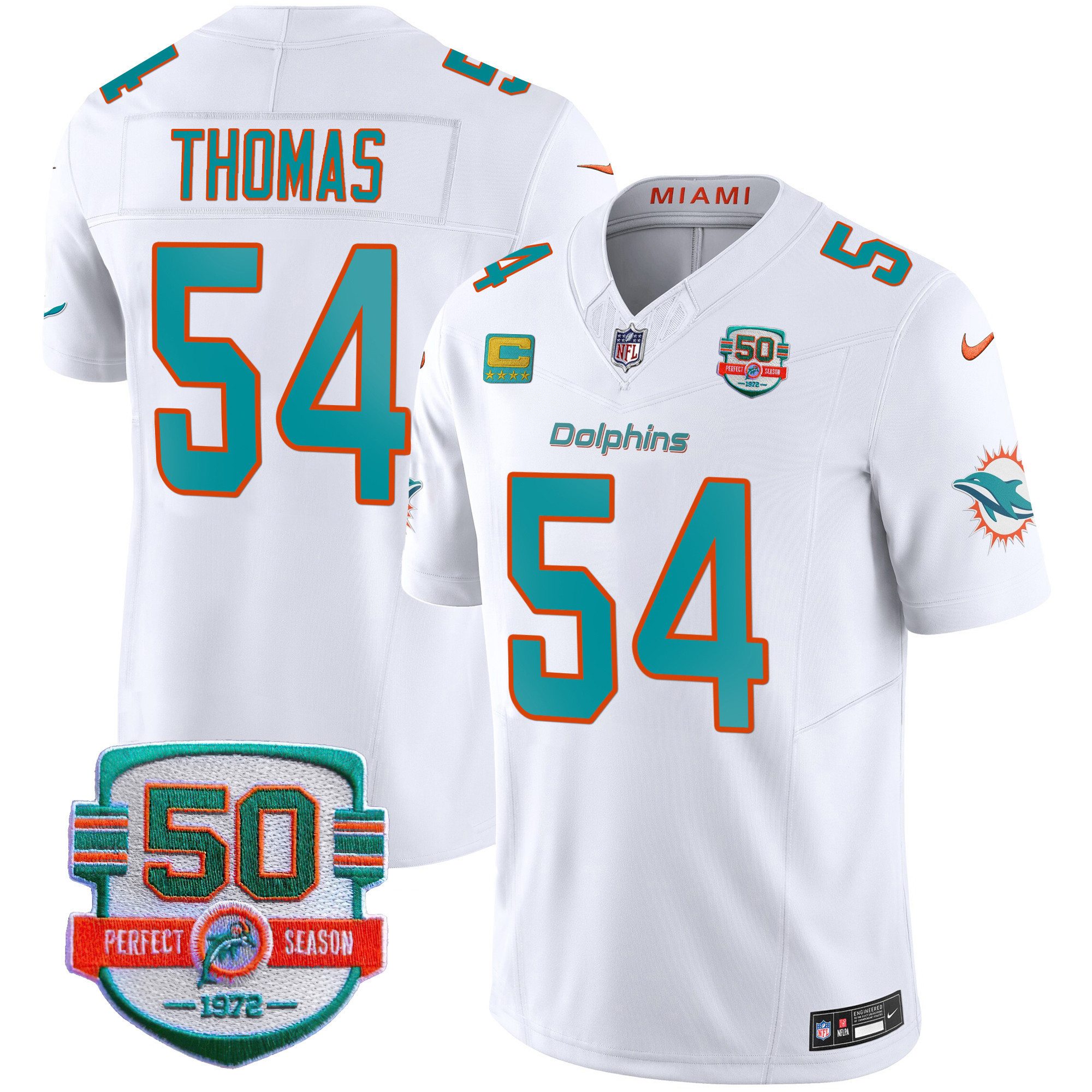 Zach Thomas Men's Miami Dolphins 50th 1972 Perfect Season Patch Vapor White Jersey - All Stitched