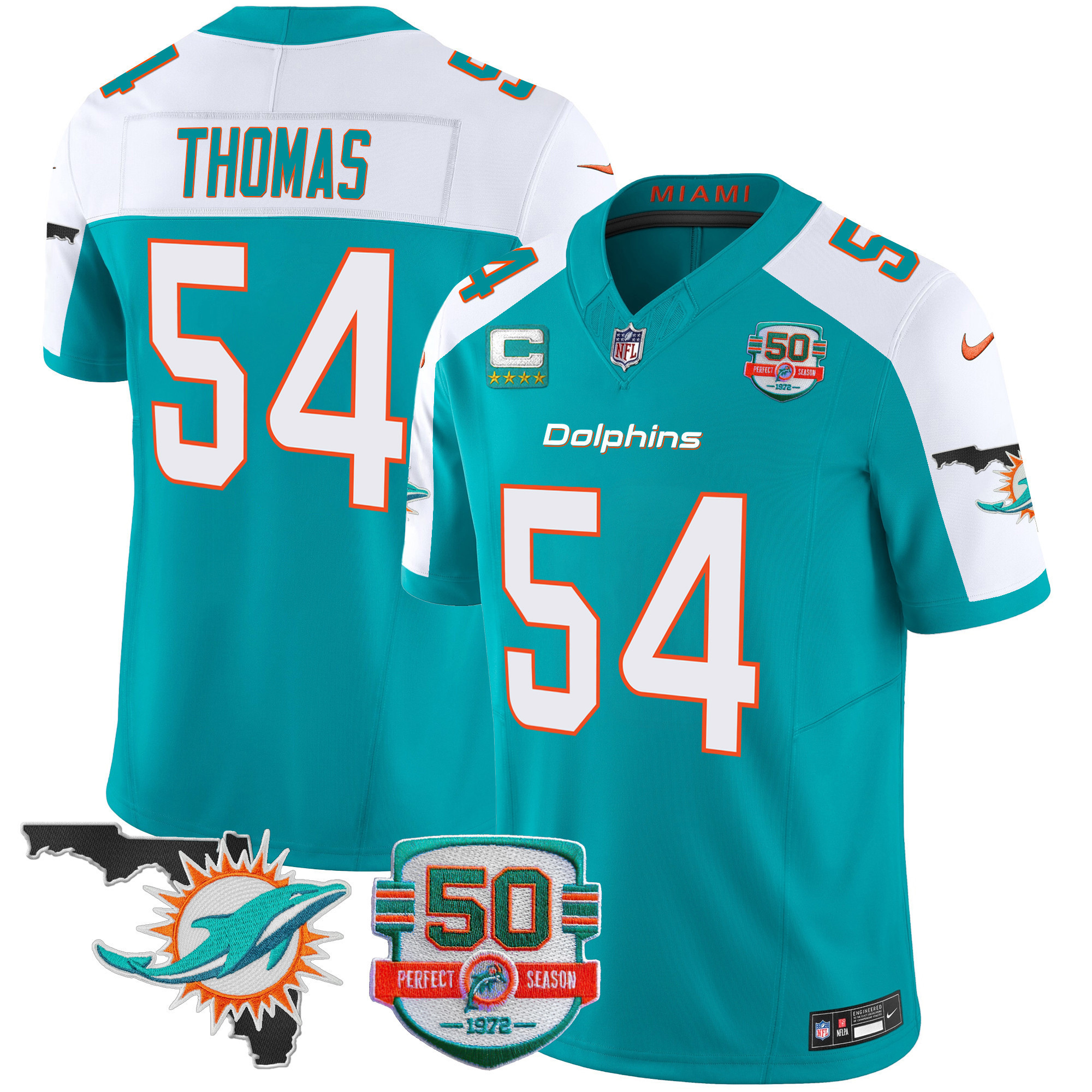 Zach Thomas Men's Miami Dolphins 50th Perfect Season & Florida Patch Vapor Aqua Alternate Jersey - All Stitched