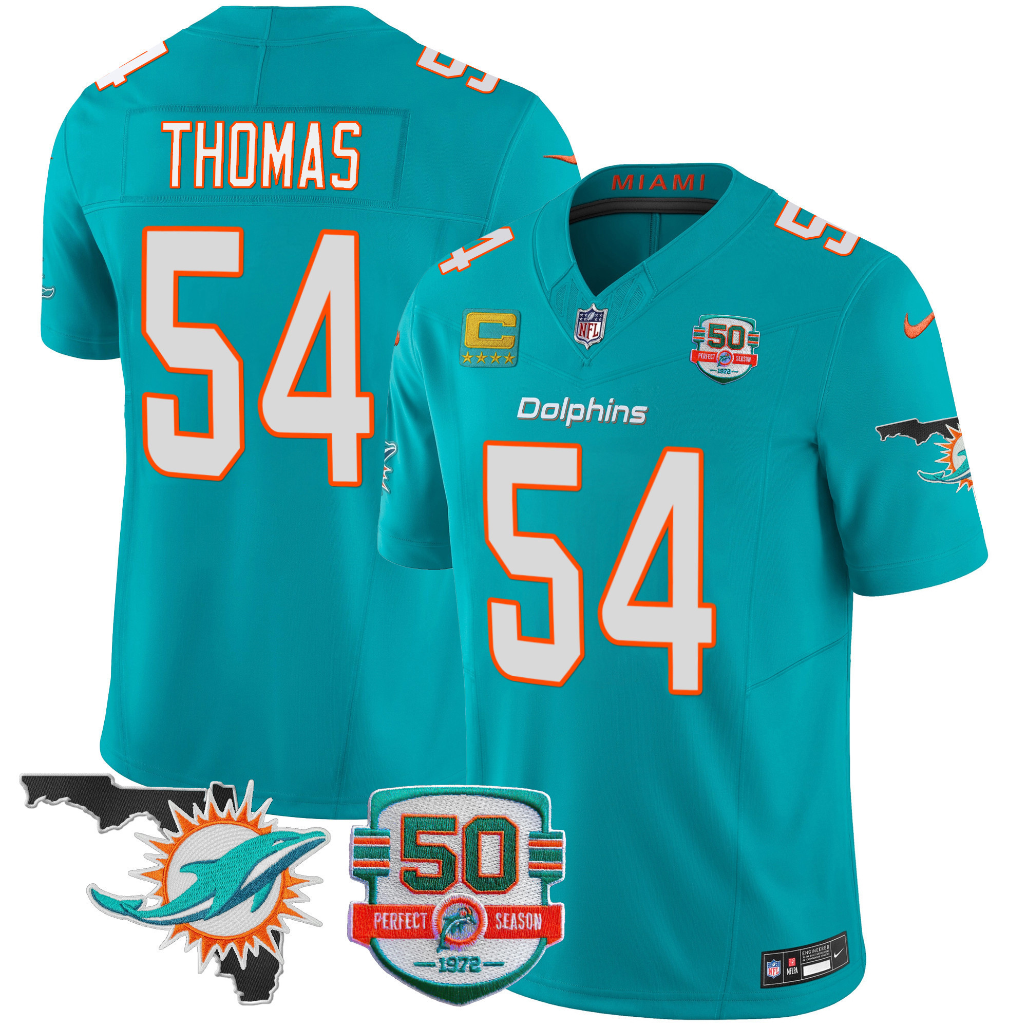 Zach Thomas Men's Miami Dolphins 50th Perfect Season & Florida Patch Vapor Aqua Jersey - All Stitched