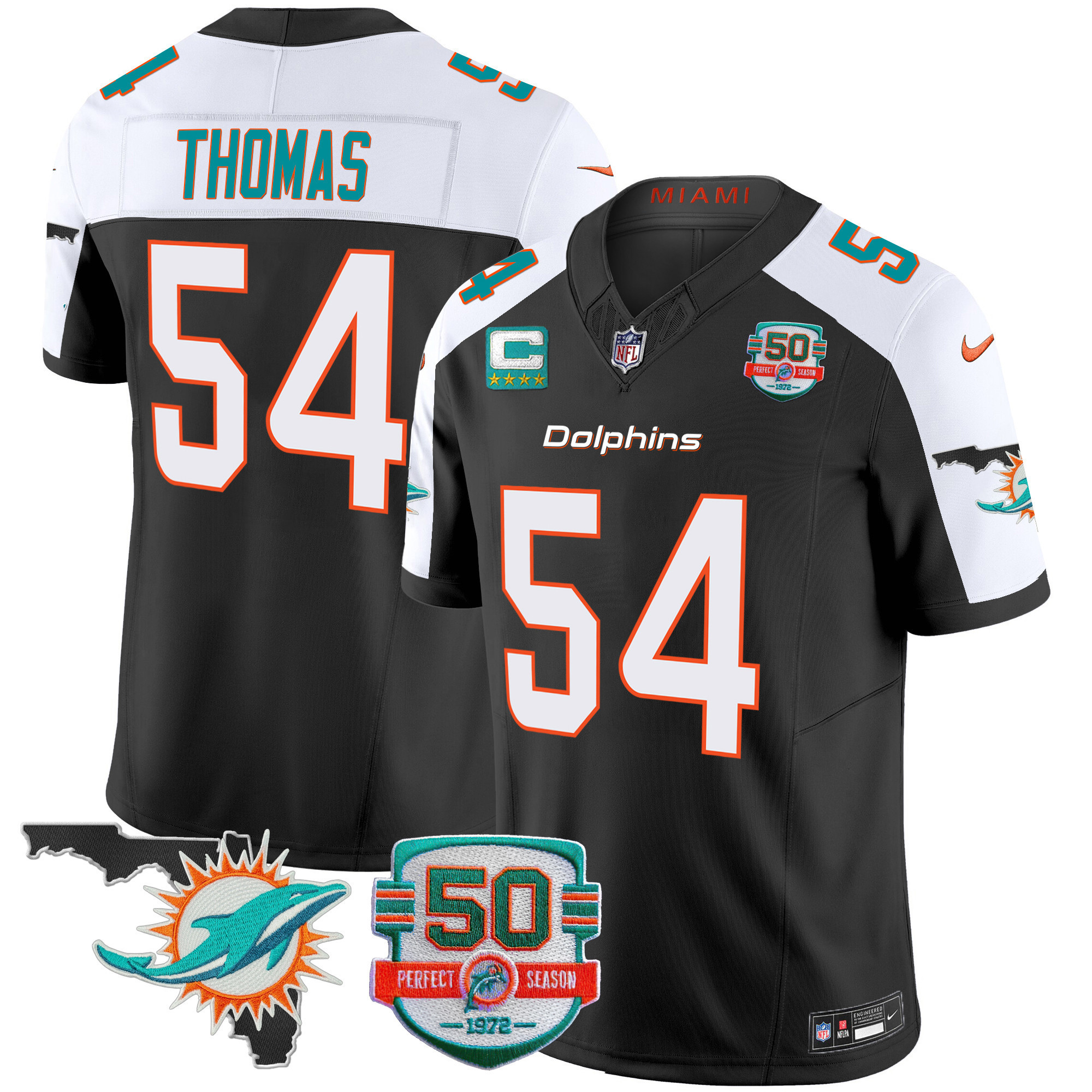 Zach Thomas Men's Miami Dolphins 50th Perfect Season & Florida Patch Vapor Black Alternate Jersey - All Stitched