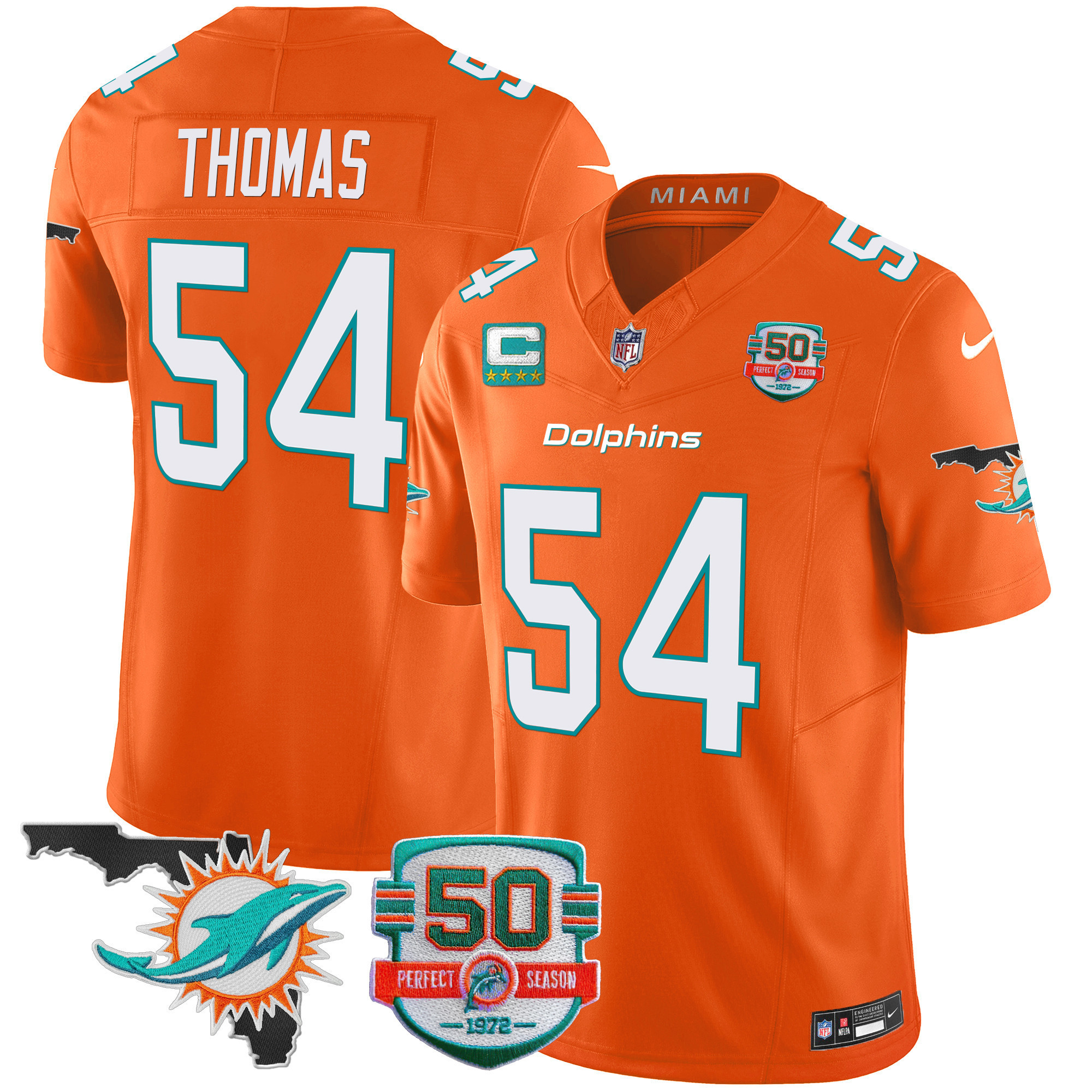Zach Thomas Men's Miami Dolphins 50th Perfect Season & Florida Patch Vapor Orange Jersey - All Stitched