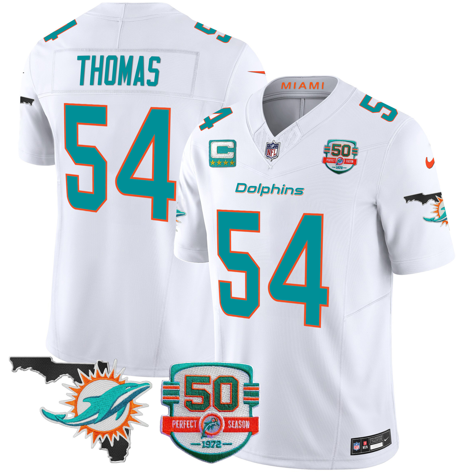 Zach Thomas Men's Miami Dolphins 50th Perfect Season & Florida Patch Vapor White Jersey - All Stitched