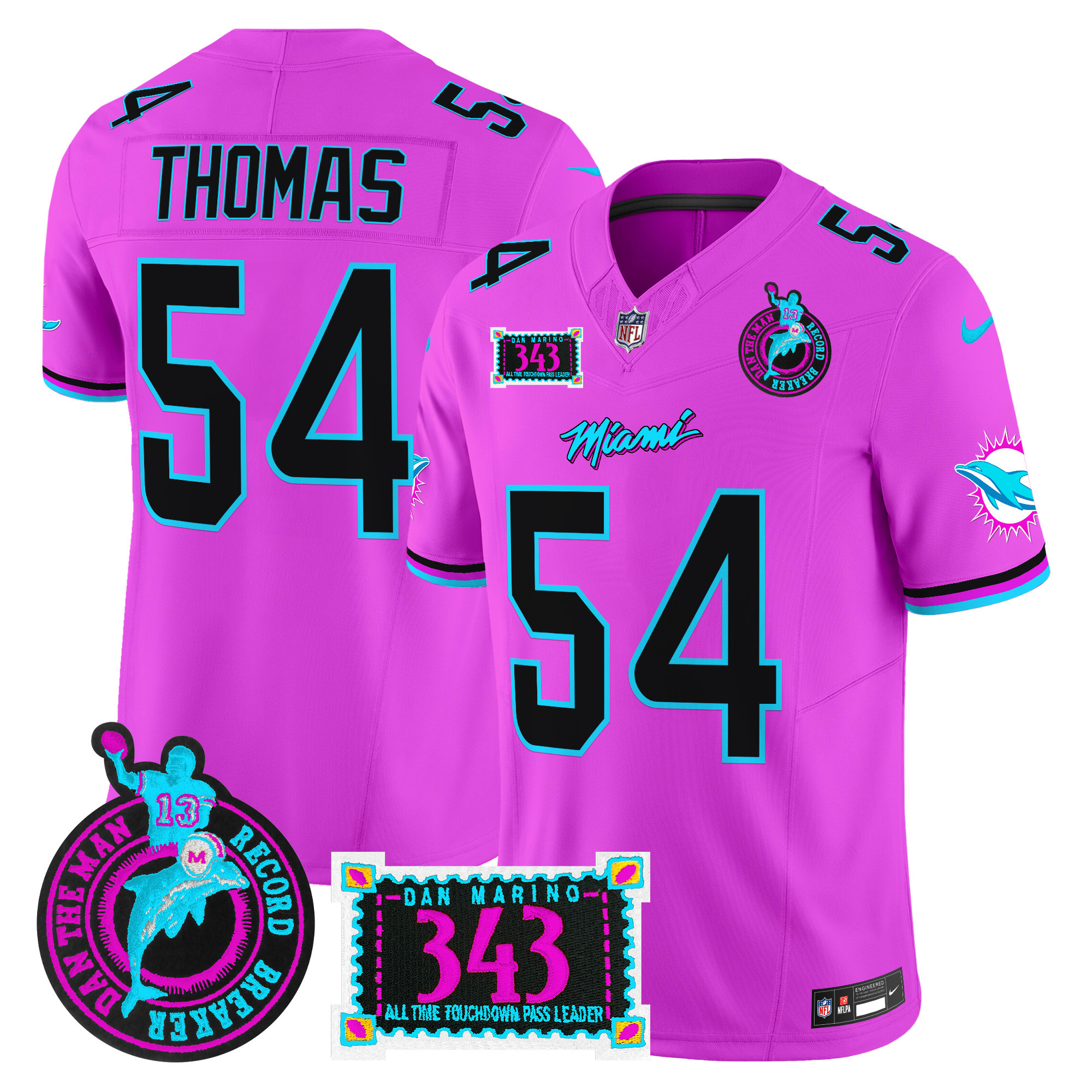 Zach Thomas Men's Miami Dolphins "Dan the Man Record Breaker" Patch Vapor Limited Pink Jersey - All Stitched