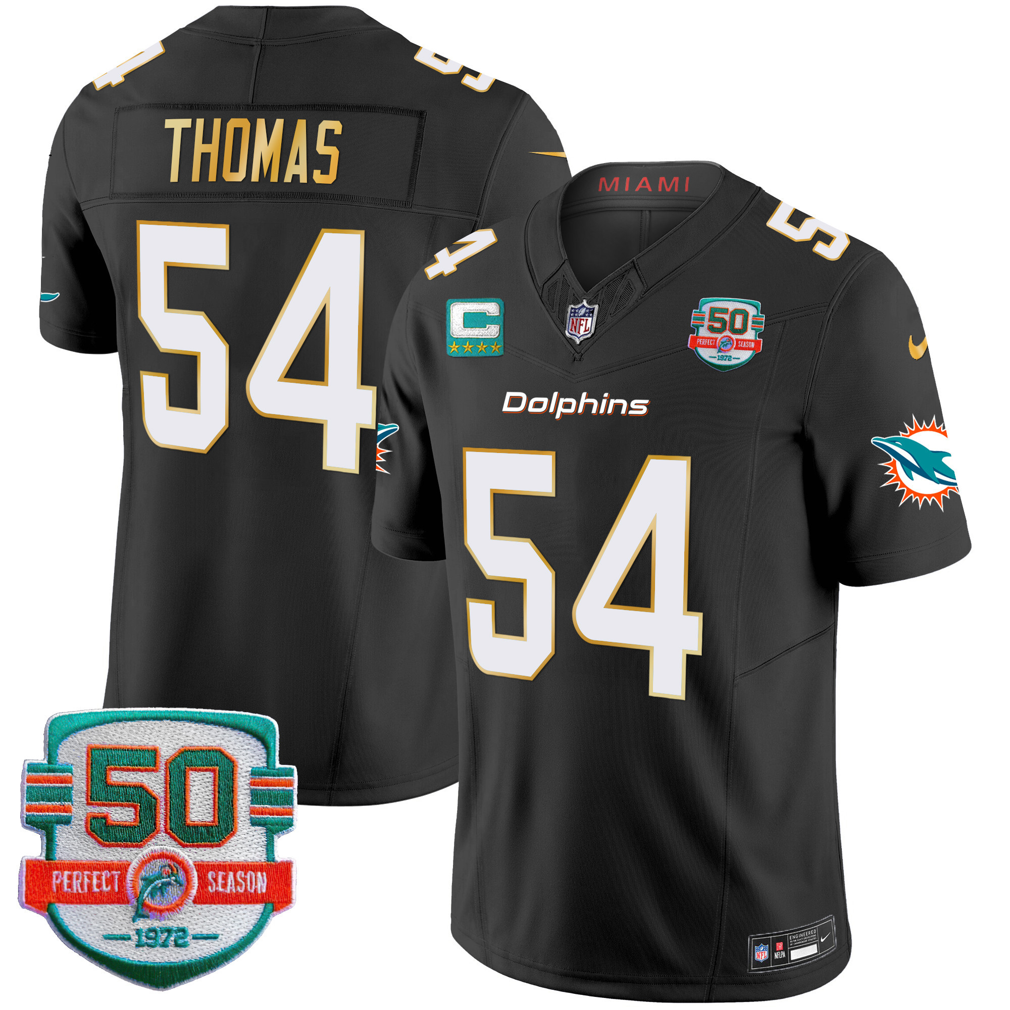 Zach Thomas Men's Miami Dolphins Gold Trim Vapor Limited Black Jersey - All Stitched