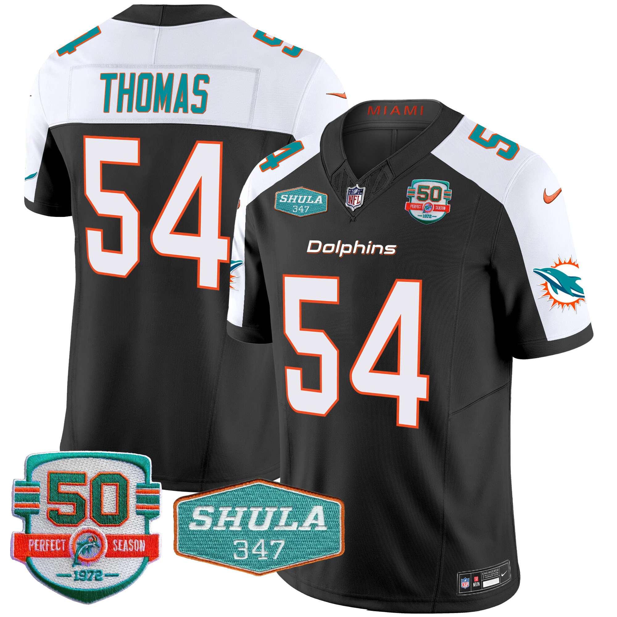Zach Thomas Men's Miami Dolphins Shula 347 Patch Vapor Black Alternate Jersey - All Stitched