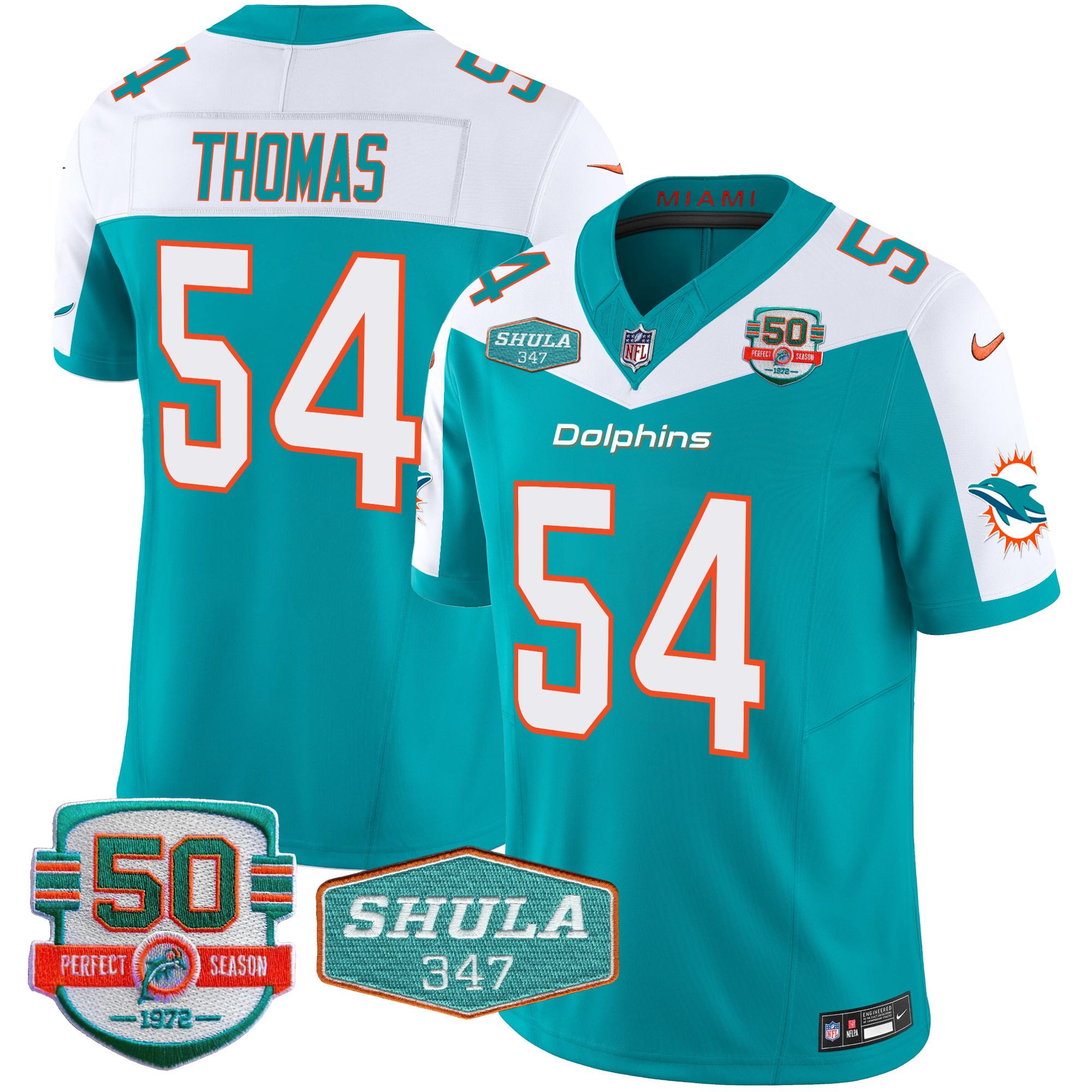Zach Thomas Men's Miami Dolphins Shula 347 Patch Vapor Limited Aqua Alternate Jersey - All Stitched