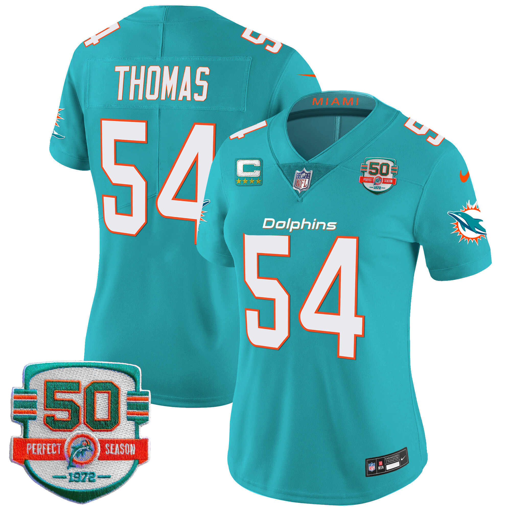 Zach Thomas Women's Miami Dolphins 50th 1972 Perfect Season Patch Vapor Aqua Jersey - All Stitched