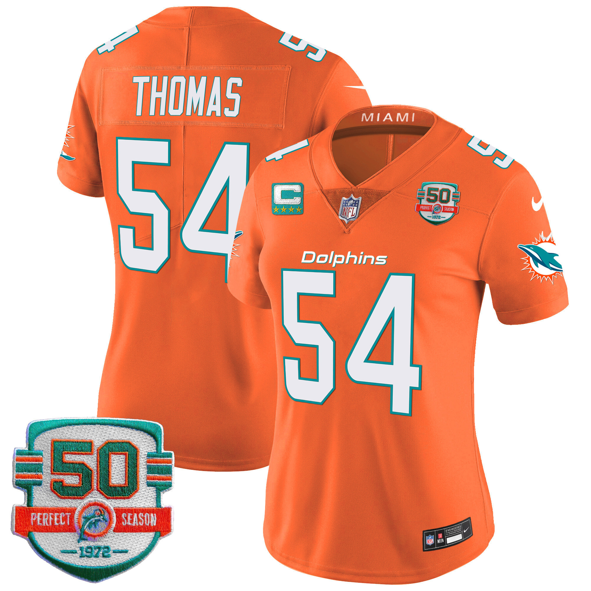 Zach Thomas Women's Miami Dolphins 50th 1972 Perfect Season Patch Vapor Orange Jersey - All Stitched