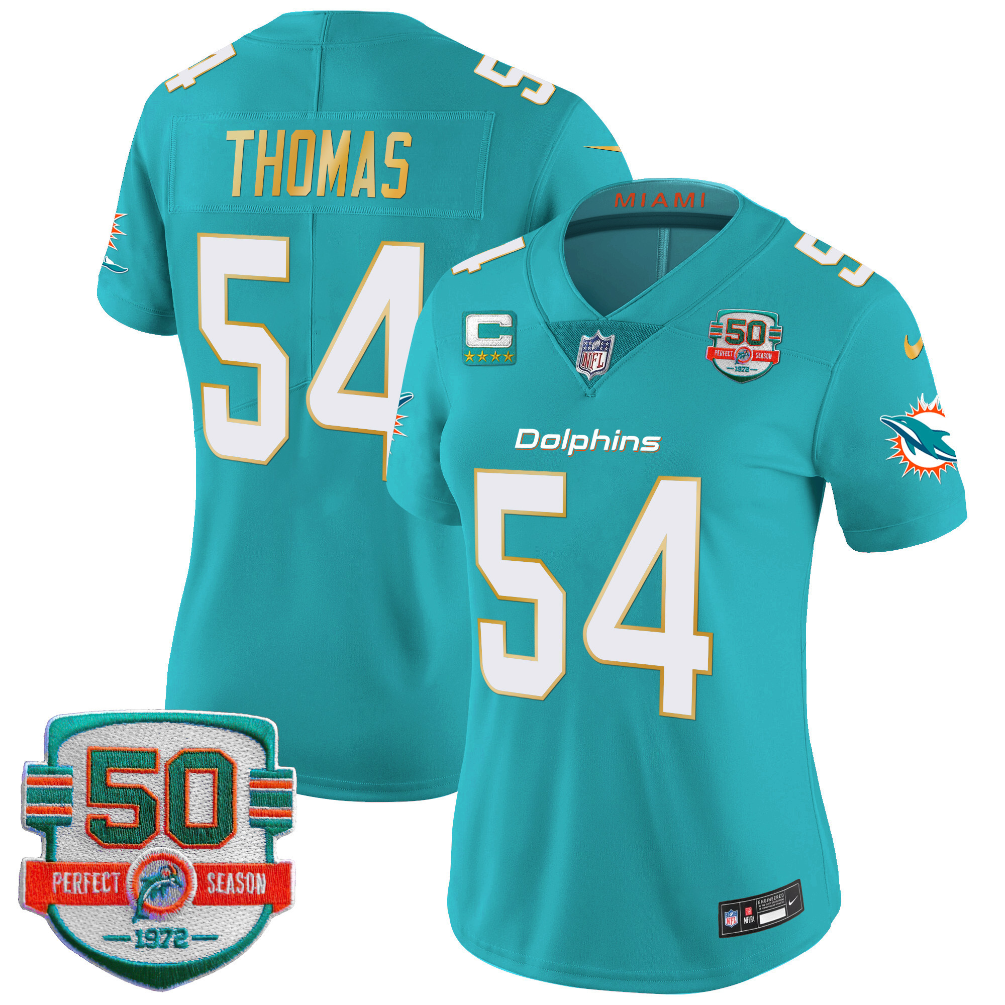 Zach Thomas Women's Miami Dolphins Gold Trim Vapor Limited Aqua Jersey - All Stitched