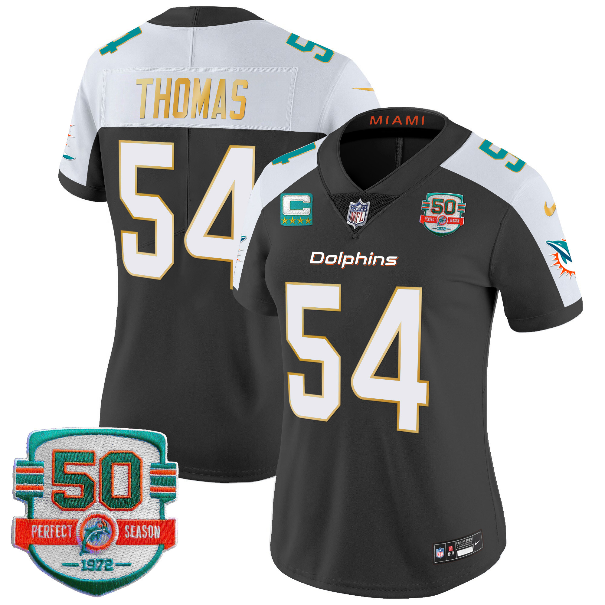 Zach Thomas Women's Miami Dolphins Gold Trim Vapor Limited Black Alternate Jersey - All Stitched