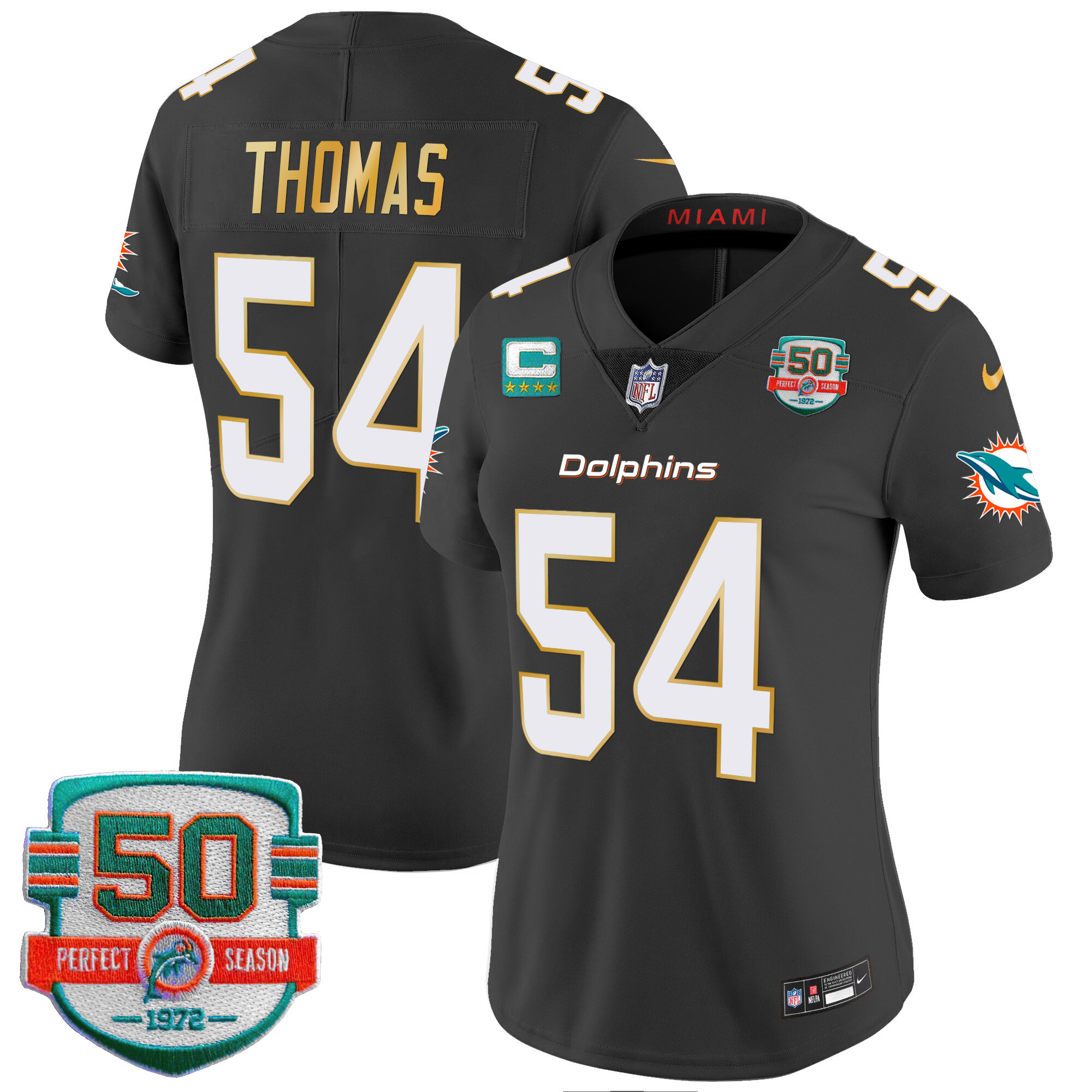 Zach Thomas Women's Miami Dolphins Gold Trim Vapor Limited Black Jersey - All Stitched