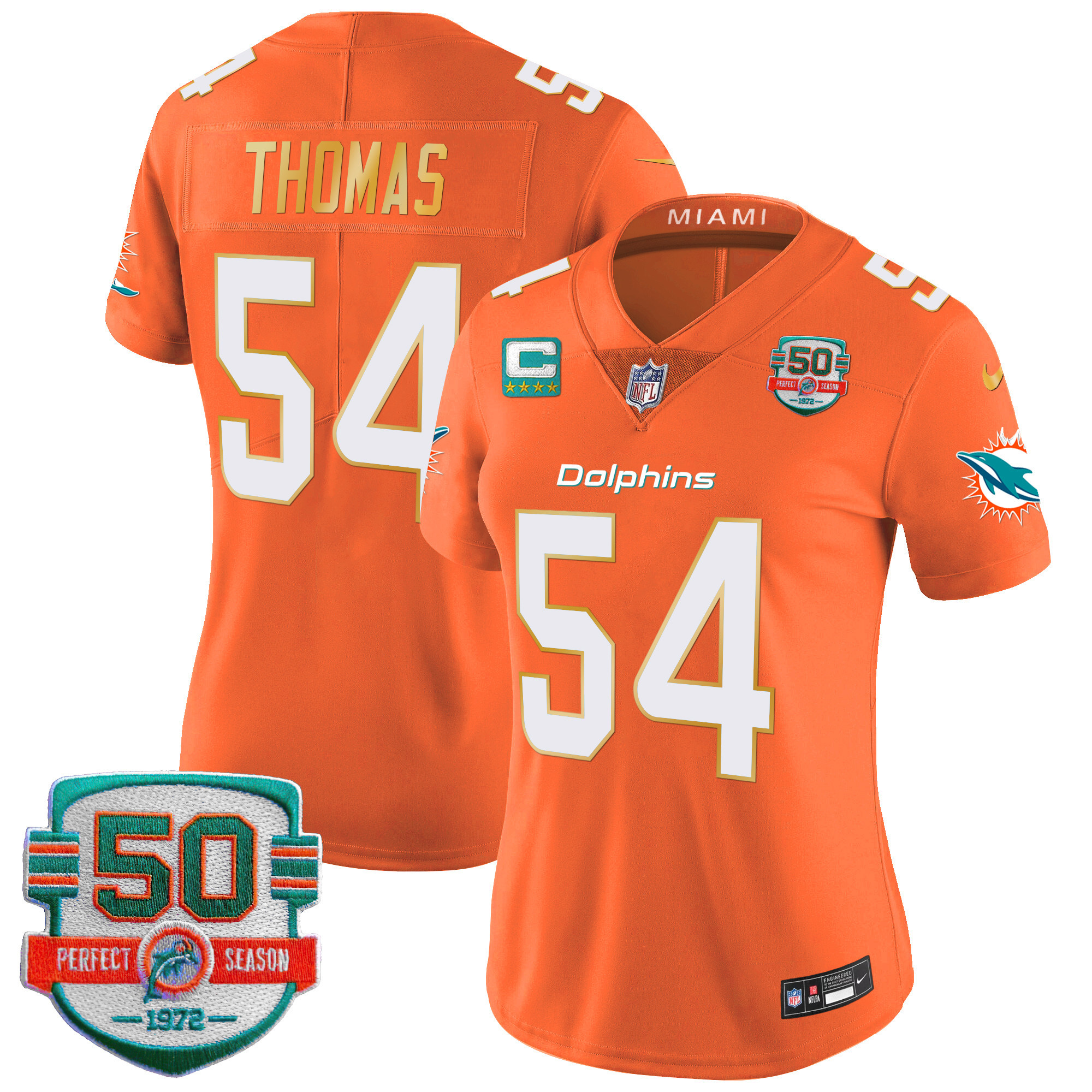 Zach Thomas Women's Miami Dolphins Gold Trim Vapor Limited Orange Jersey - All Stitched
