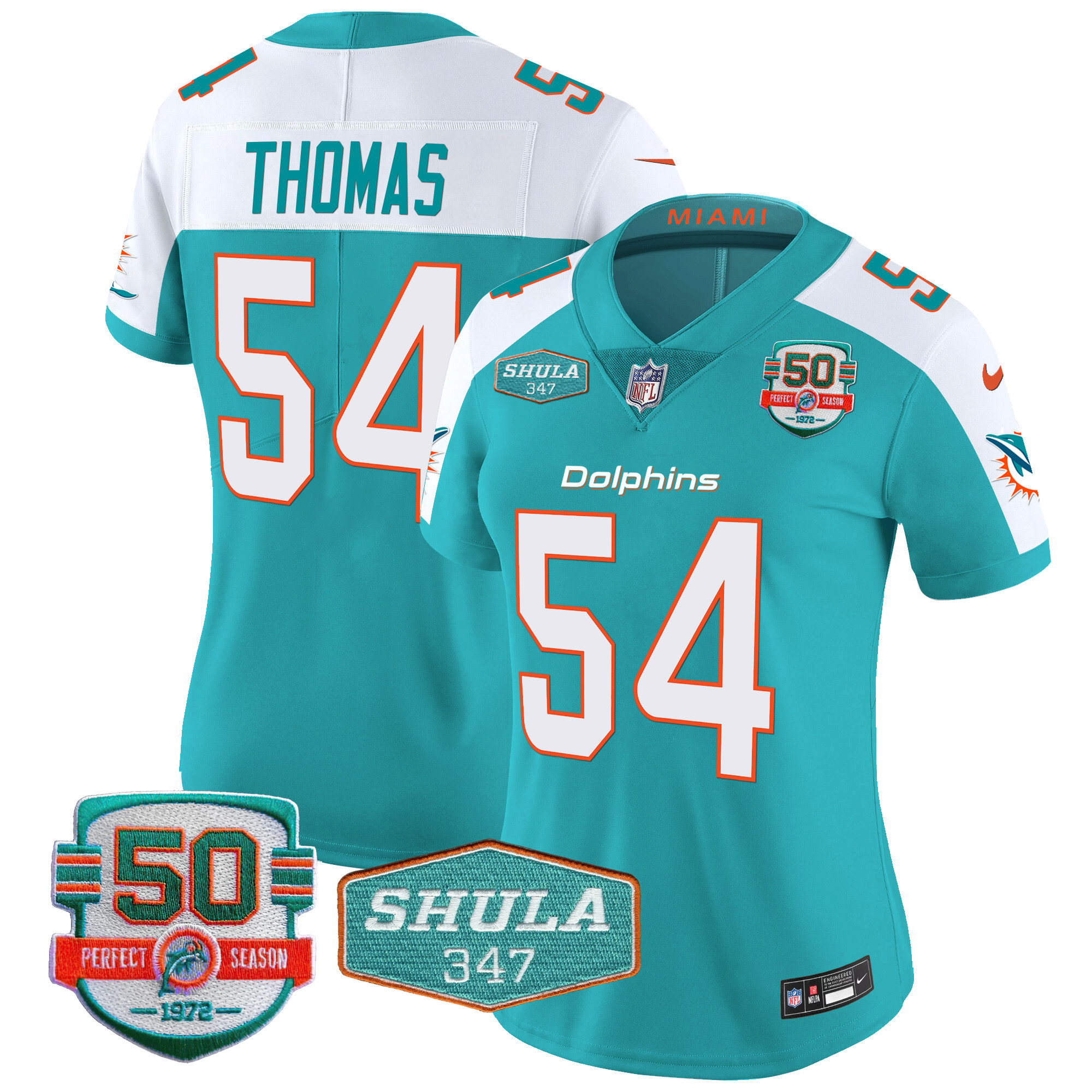 Zach Thomas Women's Miami Dolphins Shula 347 Patch Vapor Aqua Alternate Jersey - All Stitched