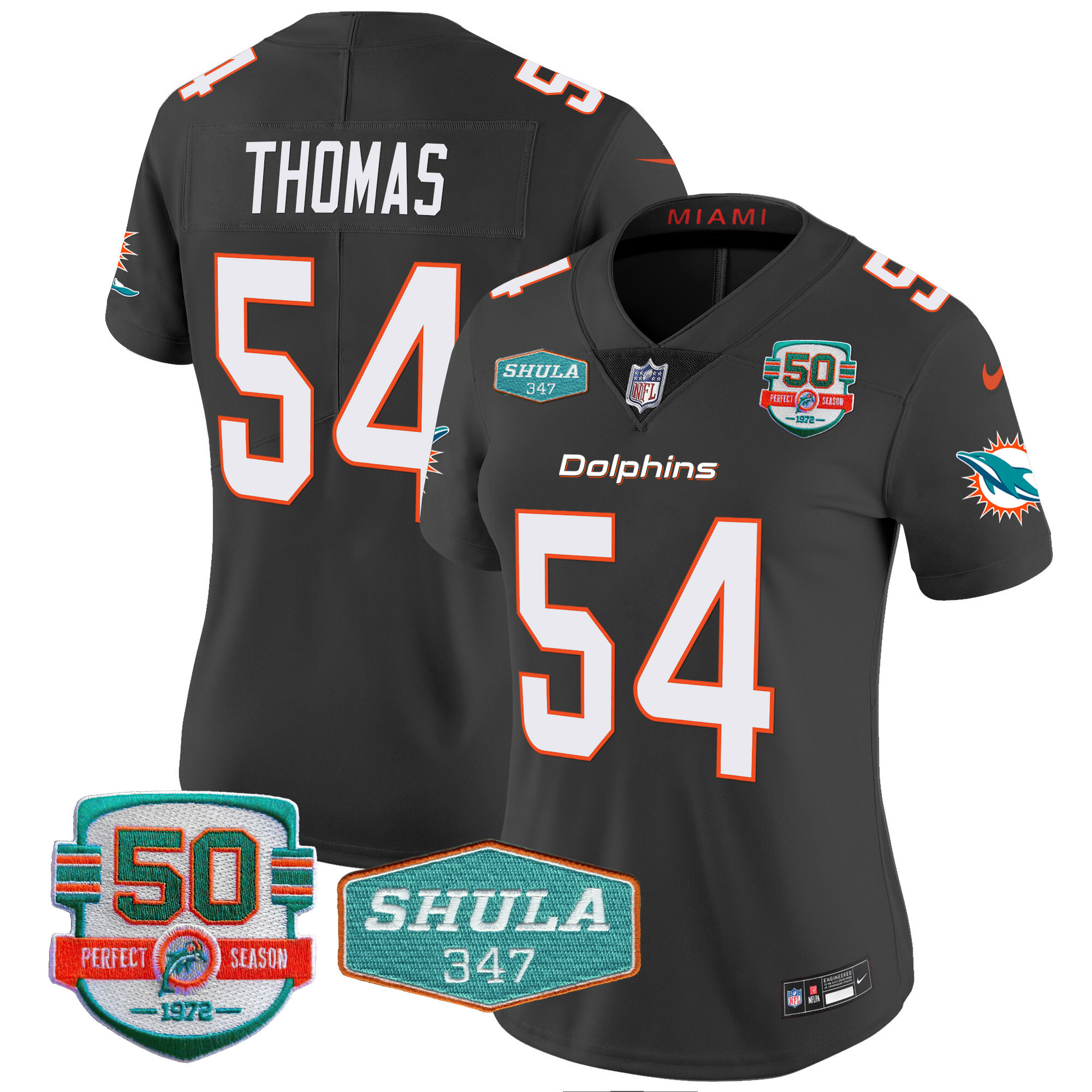Zach Thomas Women's Miami Dolphins Shula 347 Patch Vapor Black Jersey - All Stitched