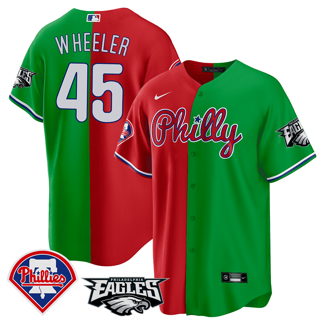 Zack Wheeler Men's Split Phillies - Philadelphia Eagles Cool Base Red - Green Jersey - All Stitched