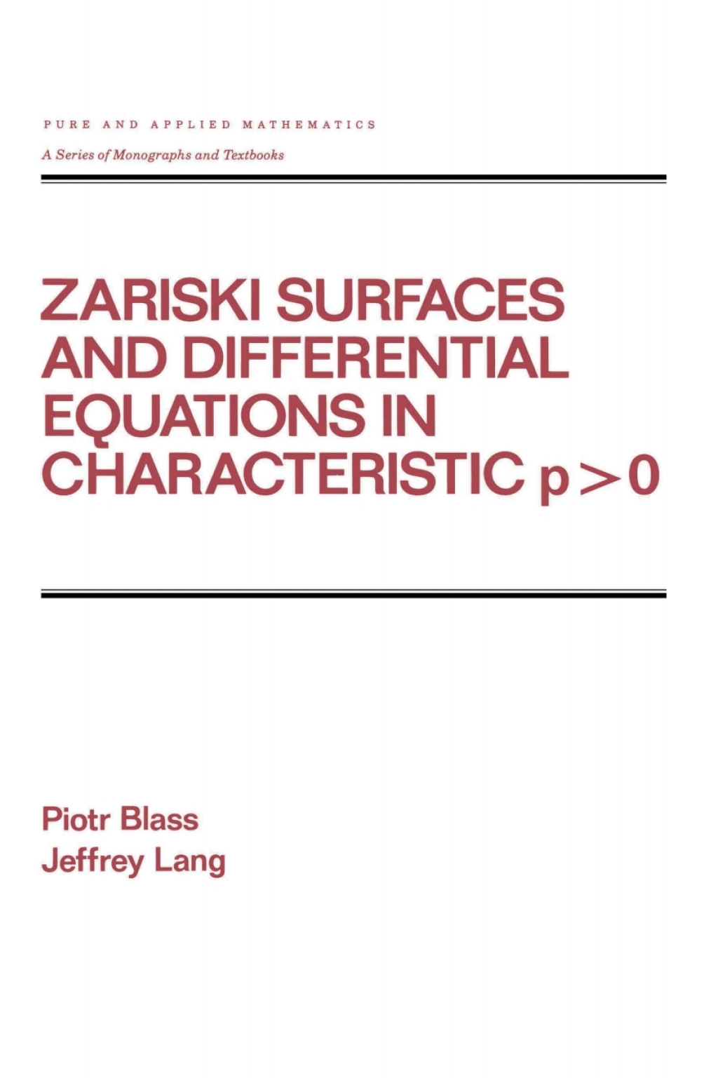Zariski Surfaces and Differential Equations in Characteristic P < O 1st Edition â€“ PDF/EPUB Version Downloadable