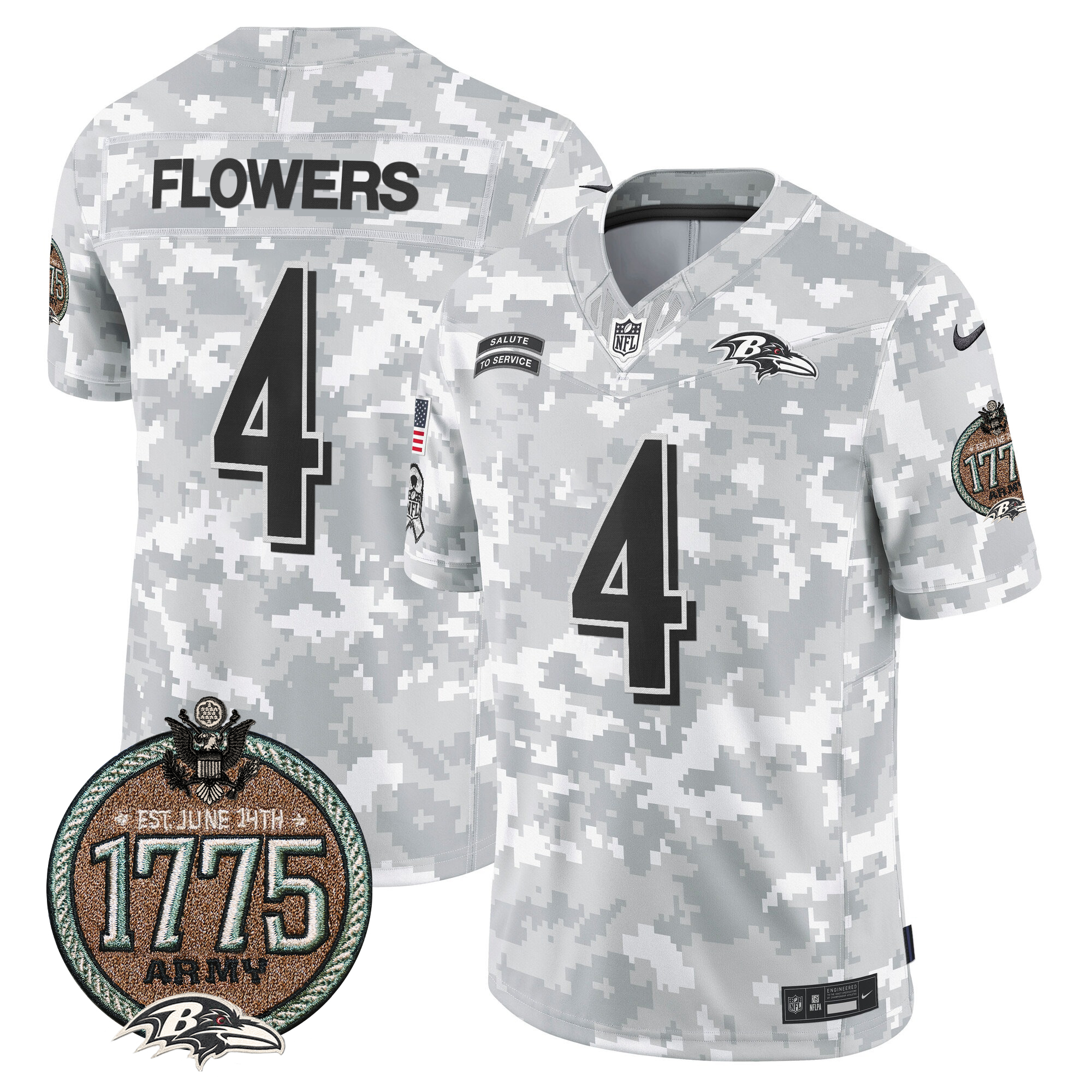Zay Flowers Men's Baltimore Ravens 2024 Salute to Service Establishment Year Patch Vapor Limited Army Jersey - All Stitched