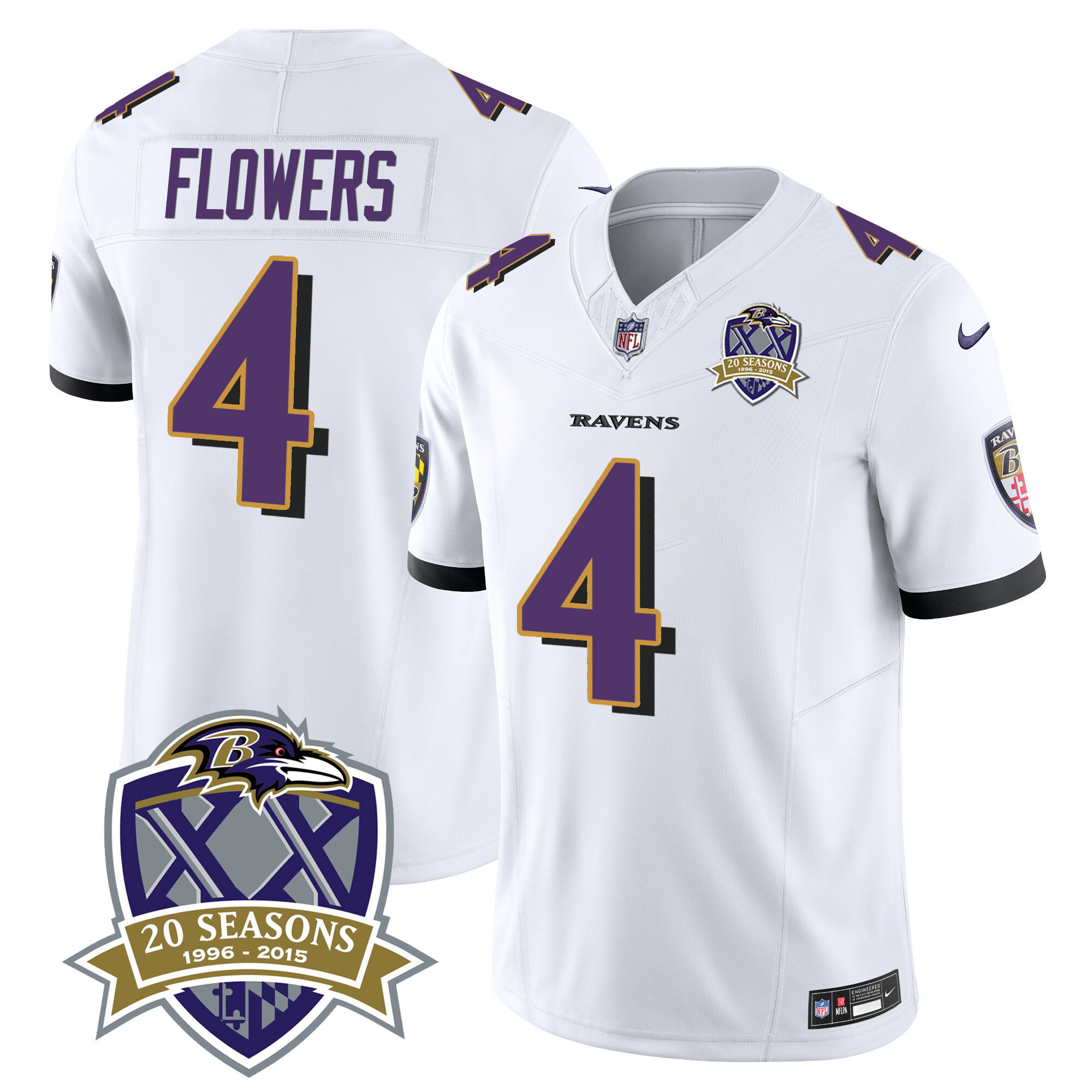 Zay Flowers Men's Baltimore Ravens 20th Season Patch Vapor Limited White Jersey - All Stitched