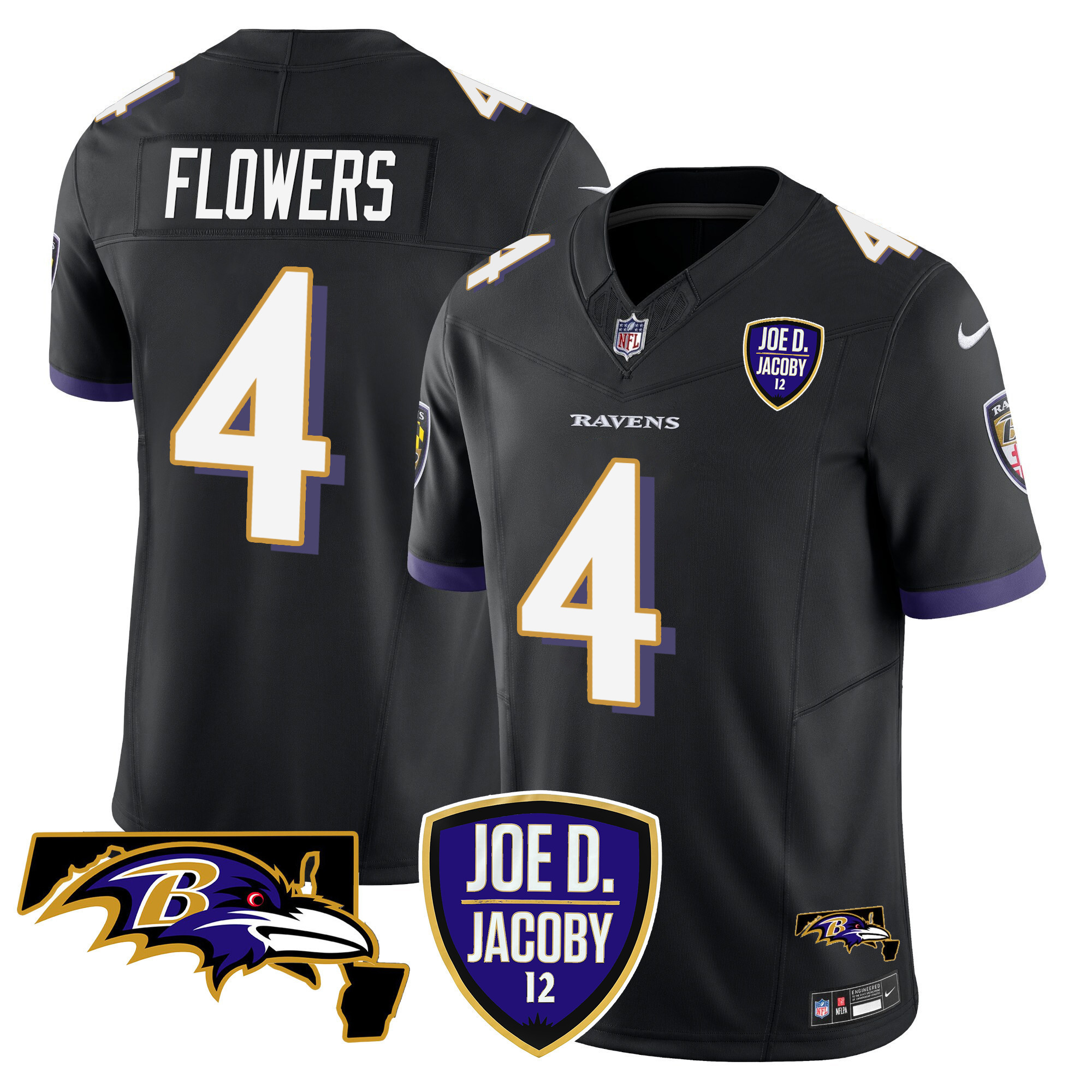 Zay Flowers Men's Baltimore Ravens Joe D & Jacoby Patch Vapor Limited Black Jersey - All Stitched