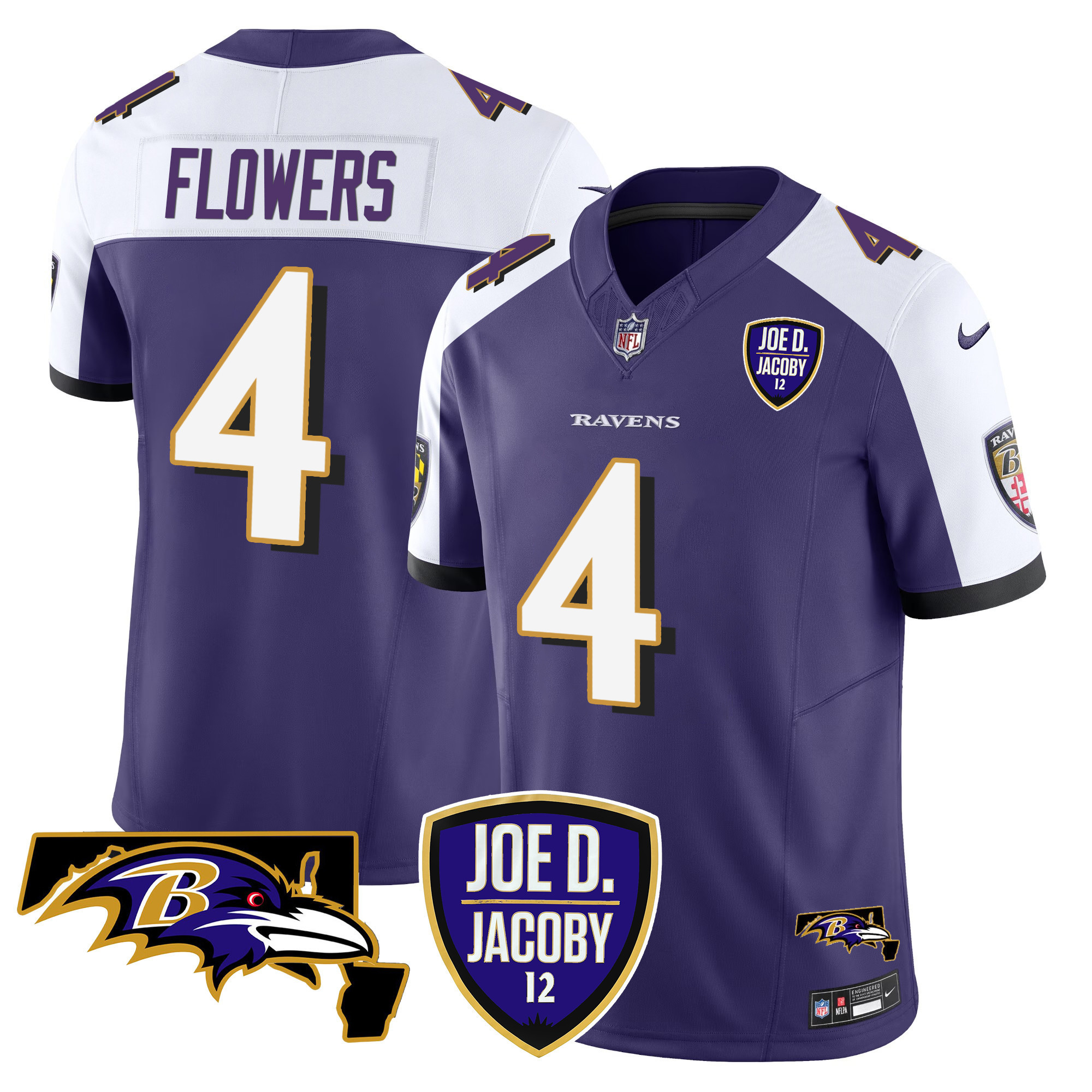 Zay Flowers Men's Baltimore Ravens Joe D & Jacoby Patch Vapor Limited Purple Alternate Jersey - All Stitched