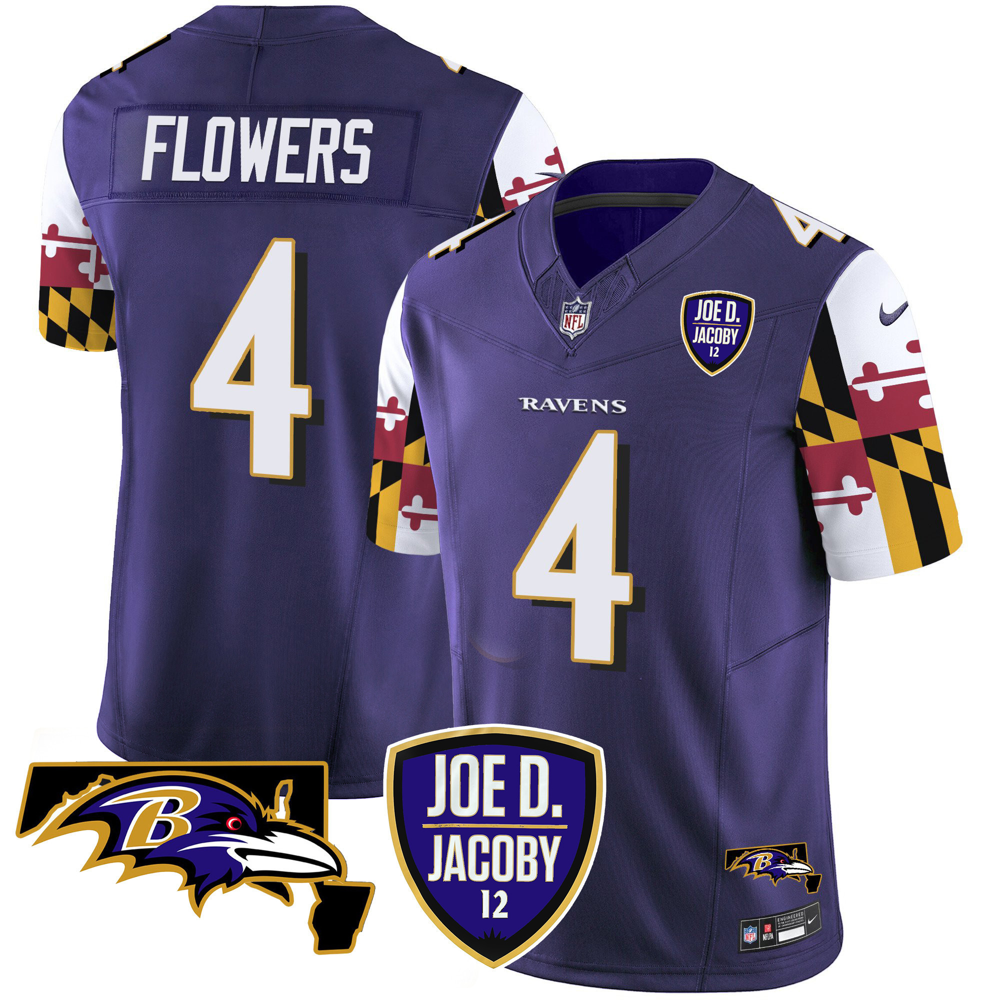 Zay Flowers Men's Baltimore Ravens Joe D & Jacoby Patch Vapor Limited Purple Jersey - All Stitched