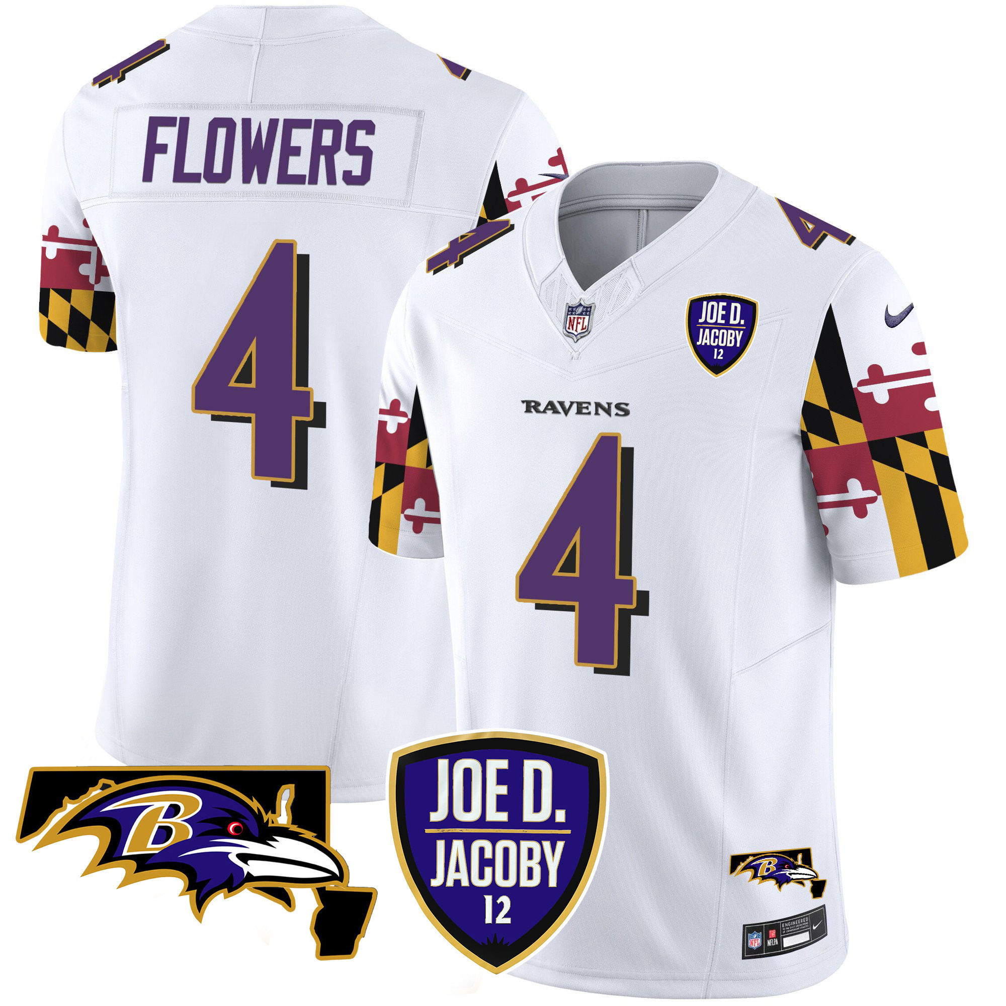 Zay Flowers Men's Baltimore Ravens Joe D & Jacoby Patch Vapor Limited White Jersey - All Stitched