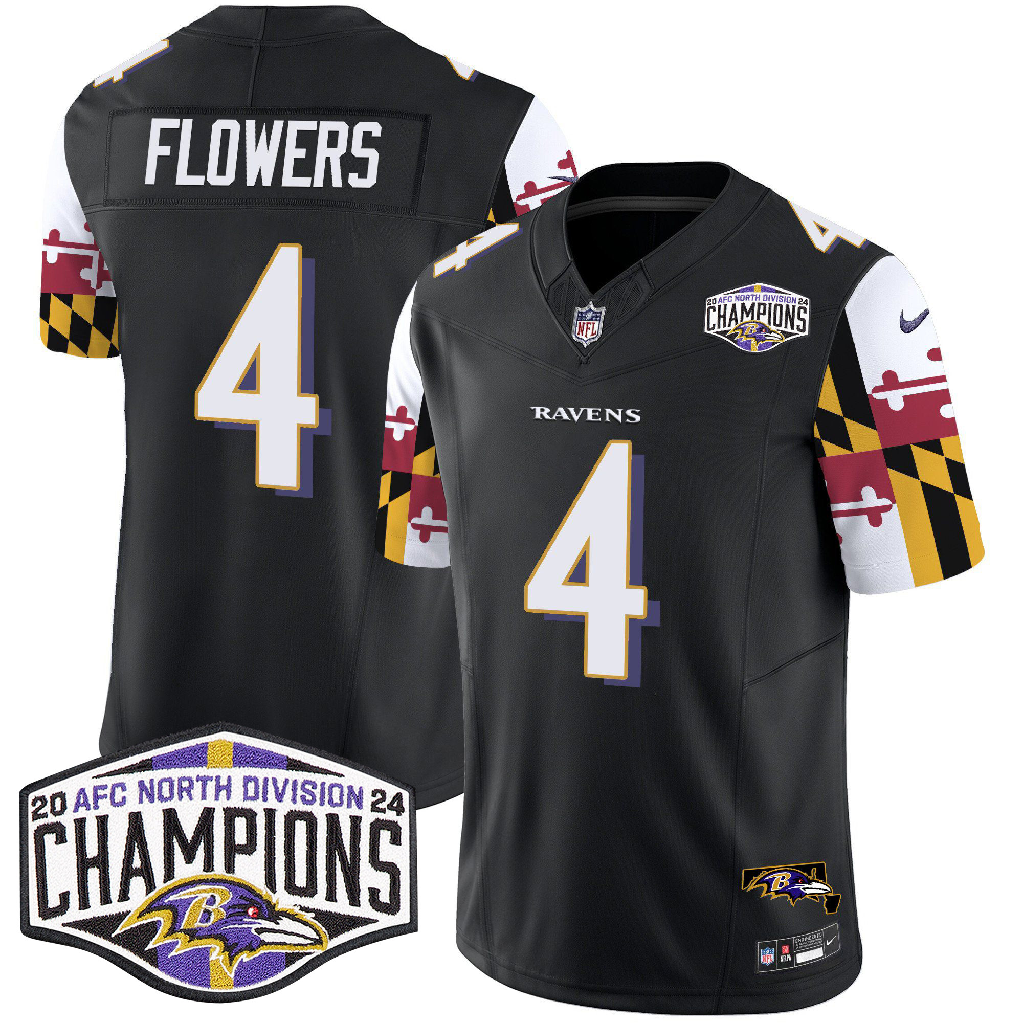 Zay Flowers Men's Baltimore Ravens Maryland Flag 2024 AFC North Division Champions Patch Vapor Limited Black Jersey - All Stitched