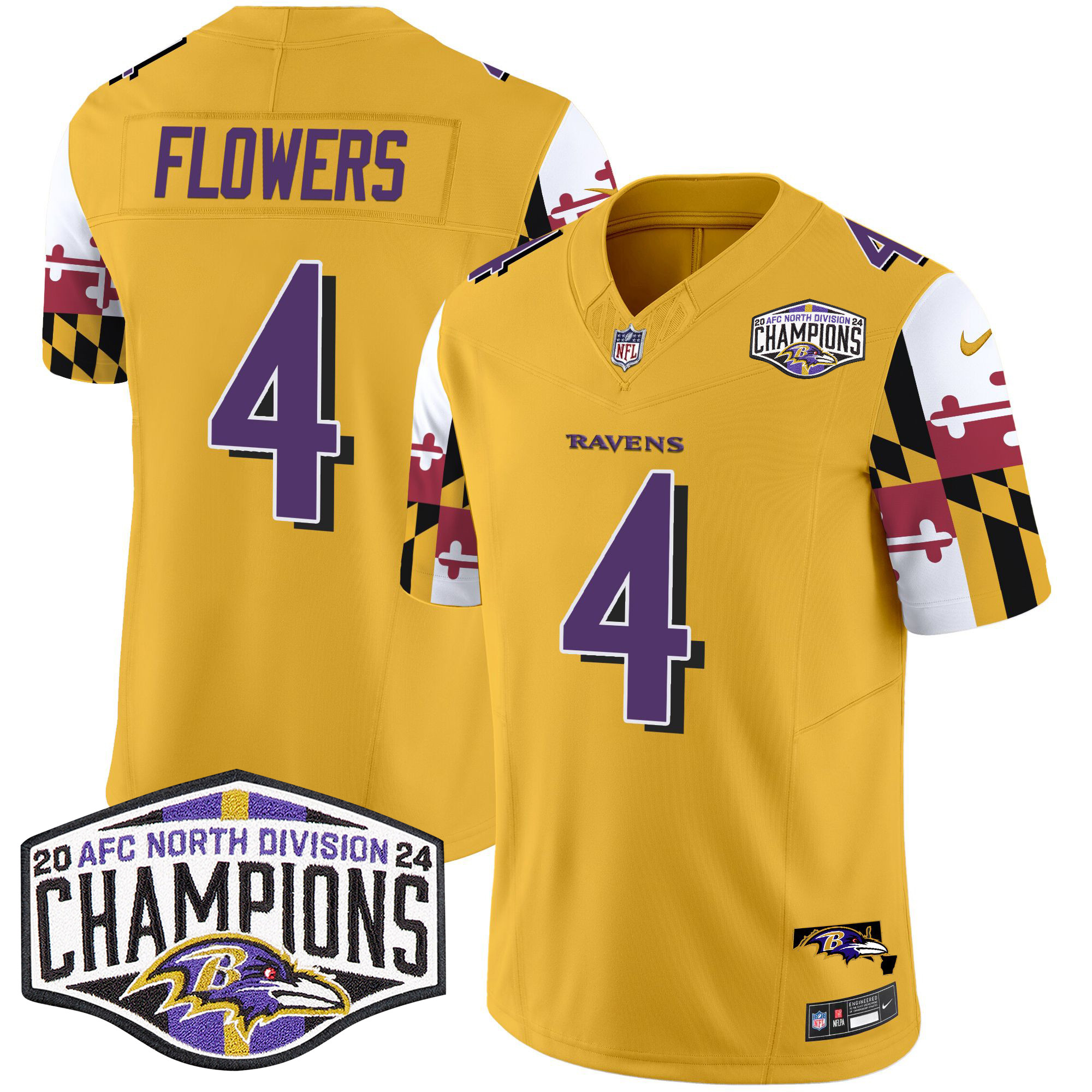 Zay Flowers Men's Baltimore Ravens Maryland Flag 2024 AFC North Division Champions Patch Vapor Limited Gold Jersey - All Stitched