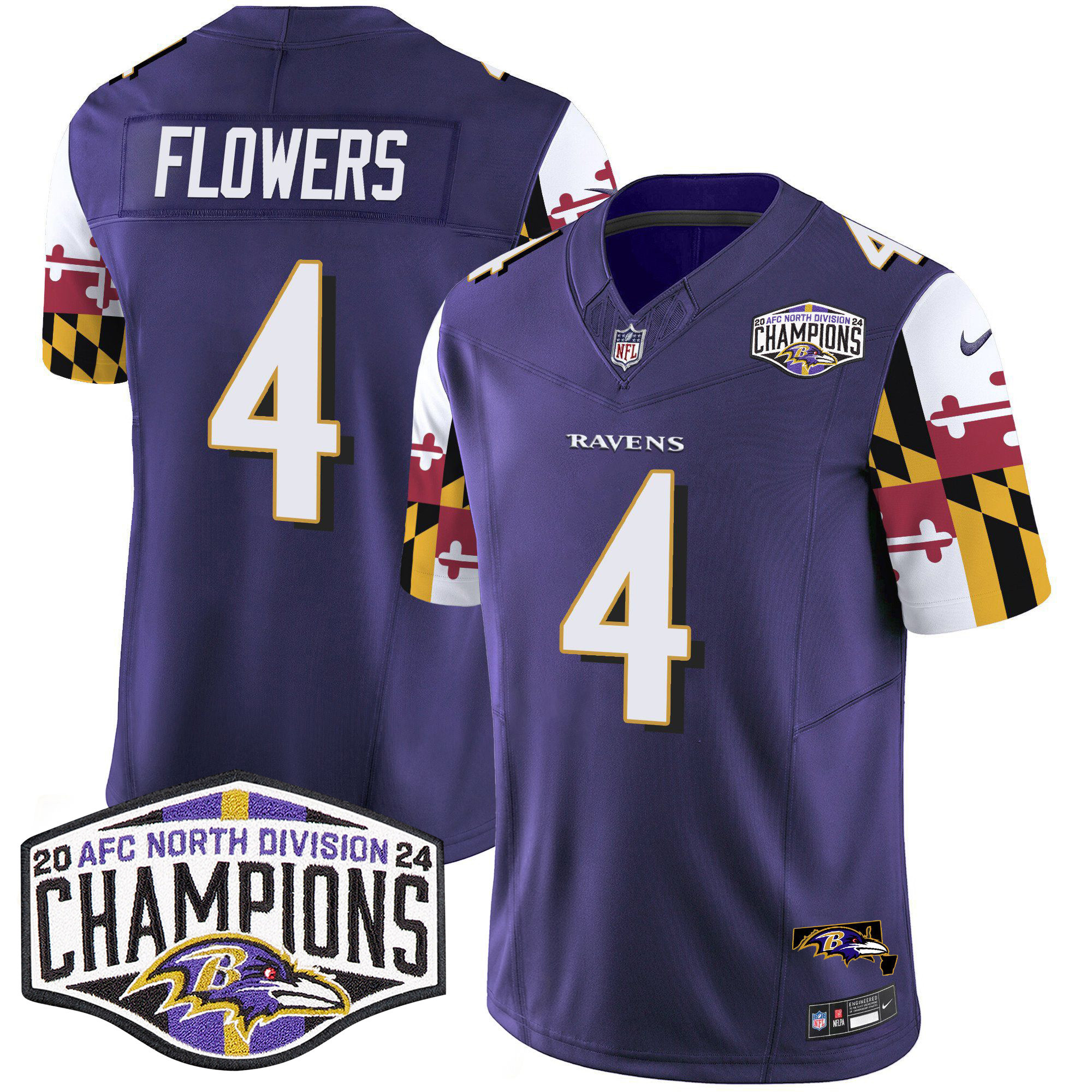 Zay Flowers Men's Baltimore Ravens Maryland Flag 2024 AFC North Division Champions Patch Vapor Limited Purple Jersey - All Stitched