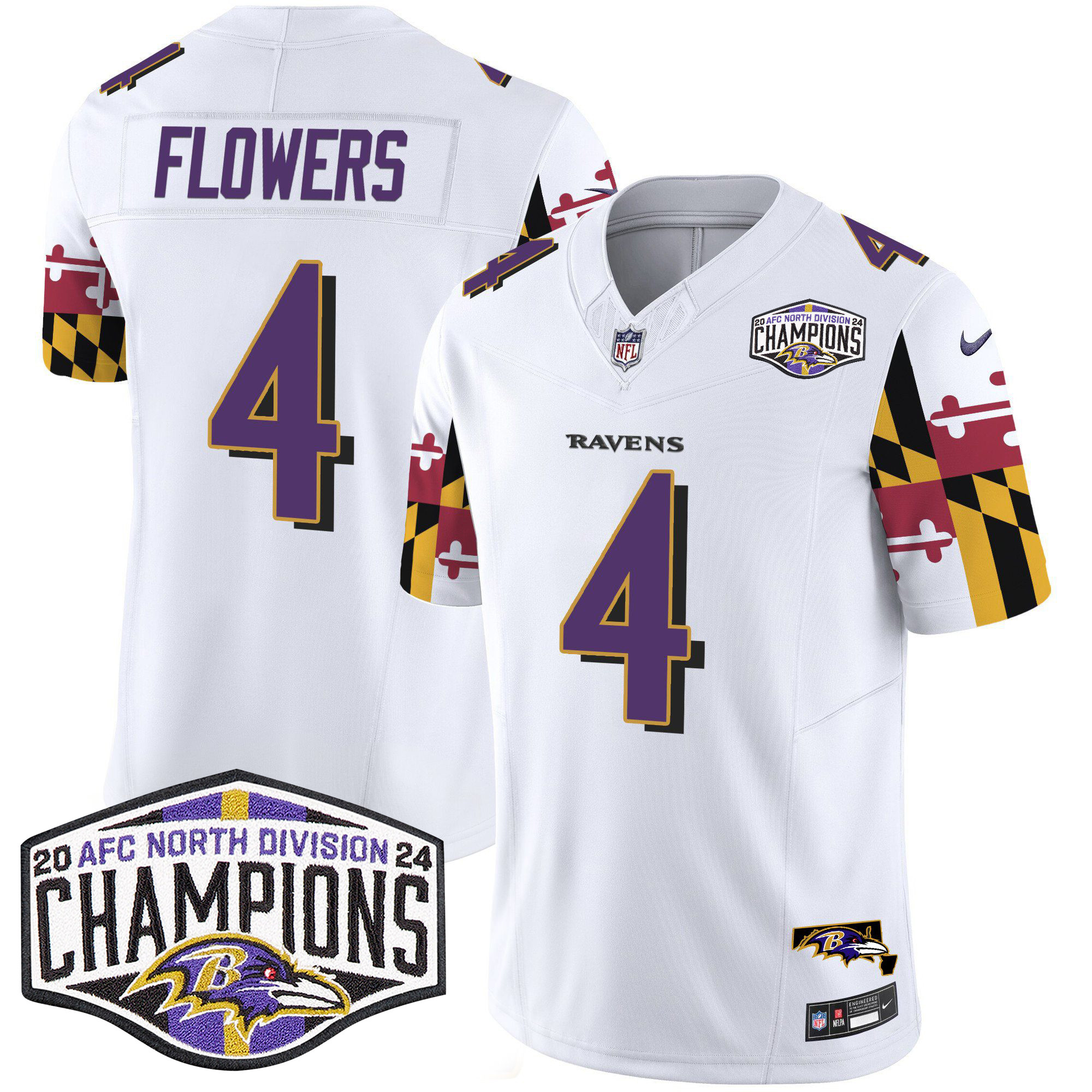 Zay Flowers Men's Baltimore Ravens Maryland Flag 2024 AFC North Division Champions Patch Vapor Limited White Jersey - All Stitched