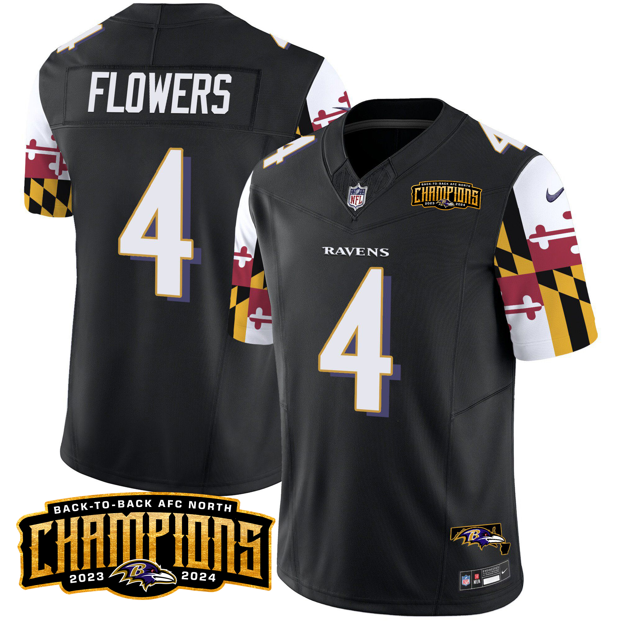 Zay Flowers Men's Baltimore Ravens Maryland Flag Back To Back AFC North Champions Patch Vapor Limited Black Jersey - All Stitched