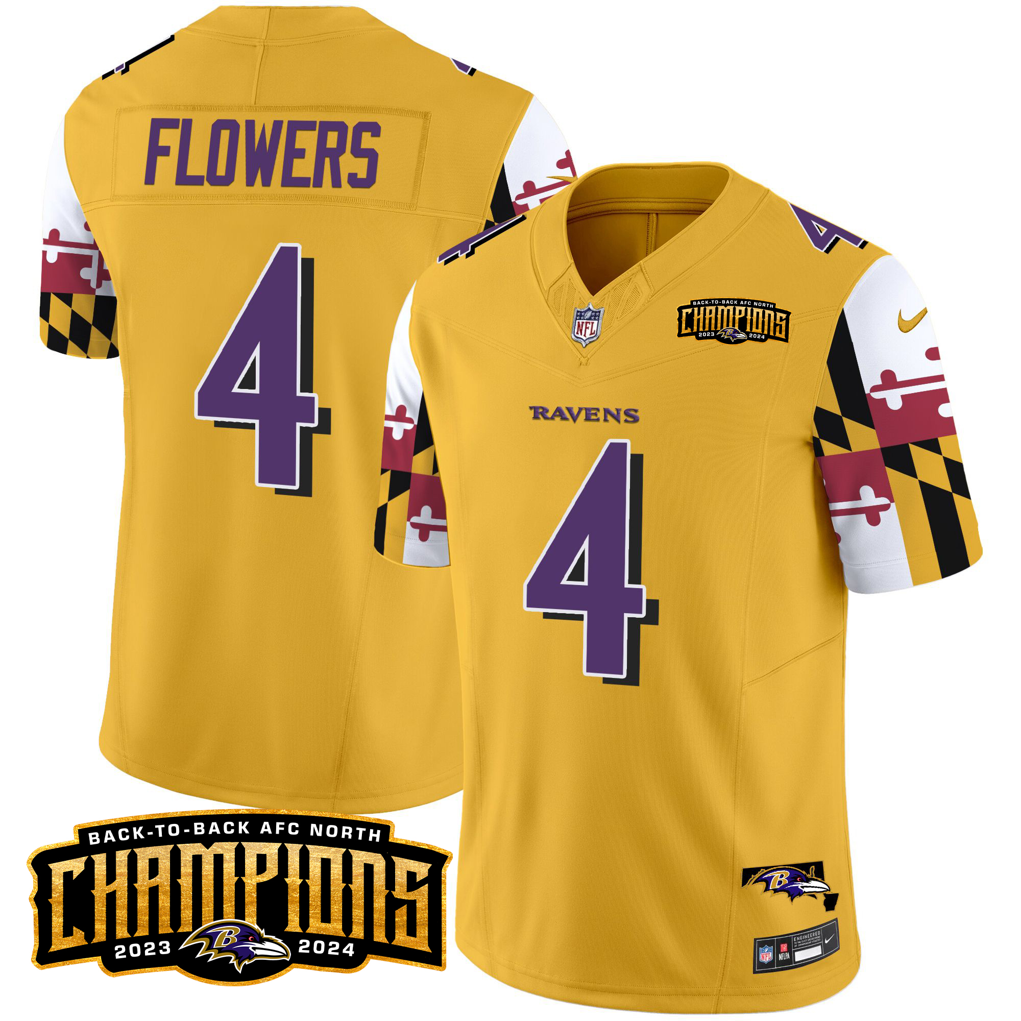 Zay Flowers Men's Baltimore Ravens Maryland Flag Back To Back AFC North Champions Patch Vapor Limited Gold Jersey - All Stitched