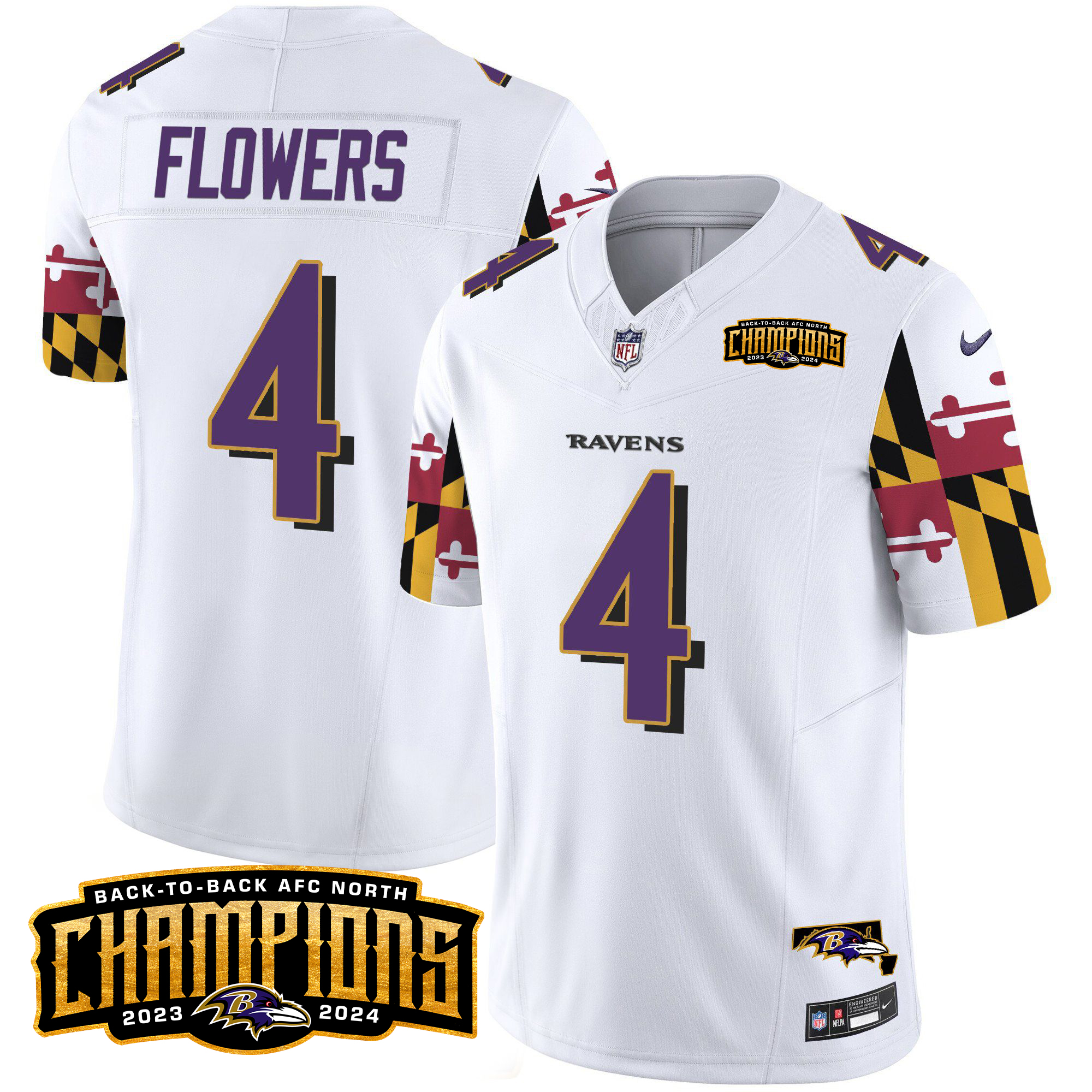 Zay Flowers Men's Baltimore Ravens Maryland Flag Back To Back AFC North Champions Patch Vapor Limited White Jersey - All Stitched
