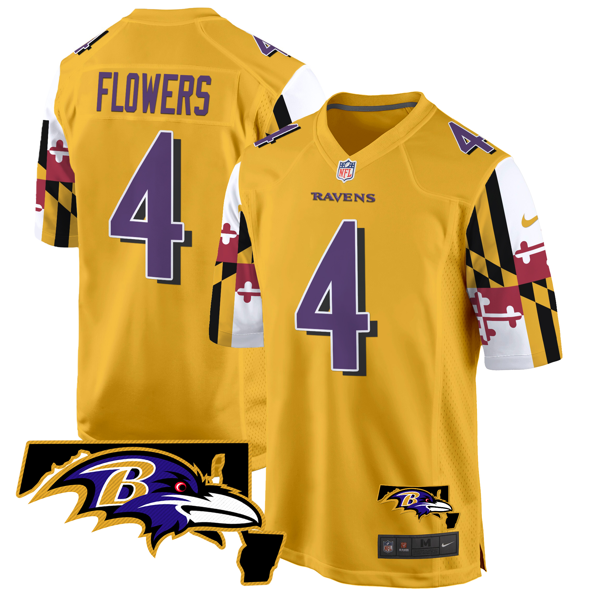 Zay Flowers Men's Baltimore Ravens Maryland Flag Game Gold Jersey - All Stitched
