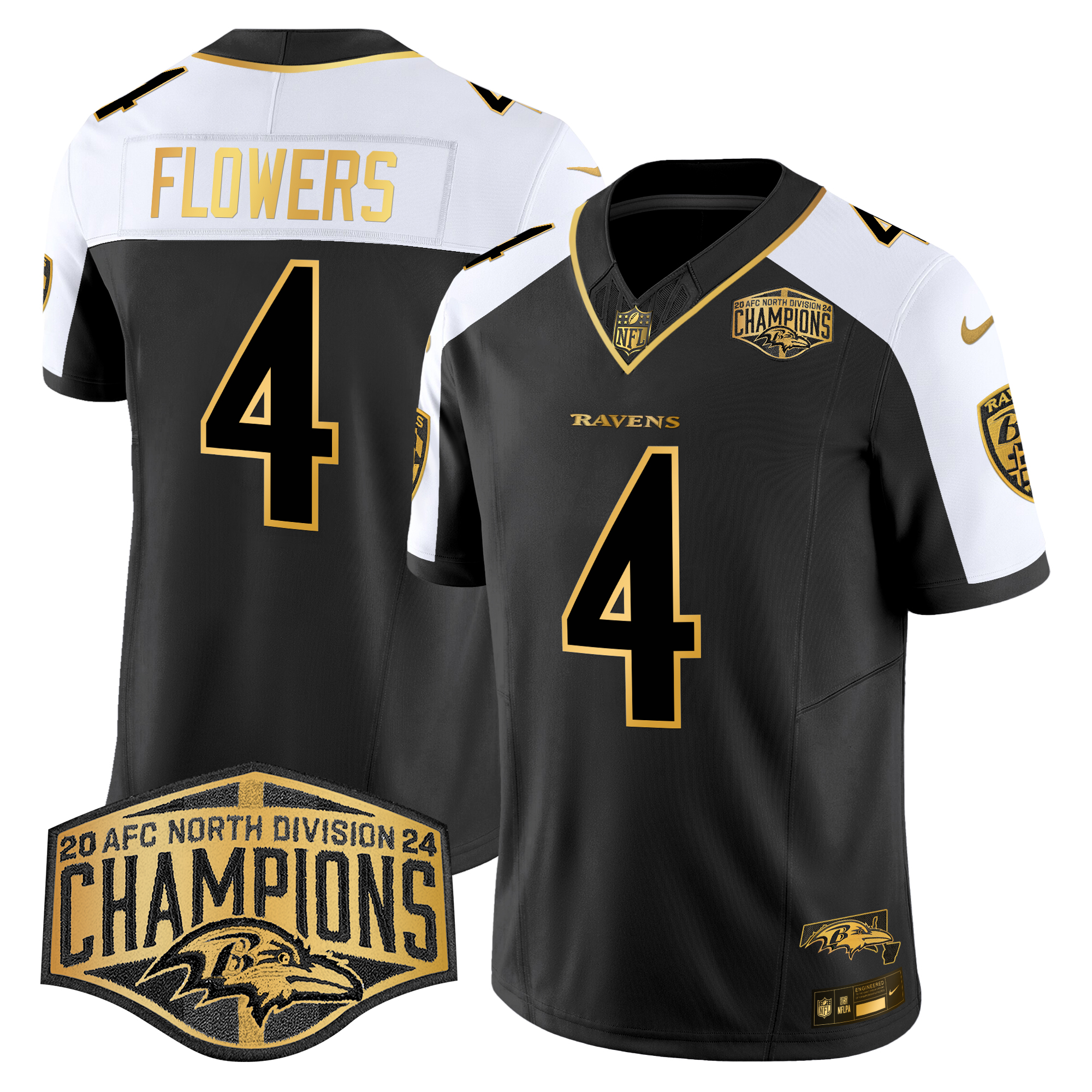 Zay Flowers Men's Baltimore Ravens Maryland Flag Map 2024 AFC North Division Champions Patch Gold Vapor Limited Alternate Jersey - All Stitched