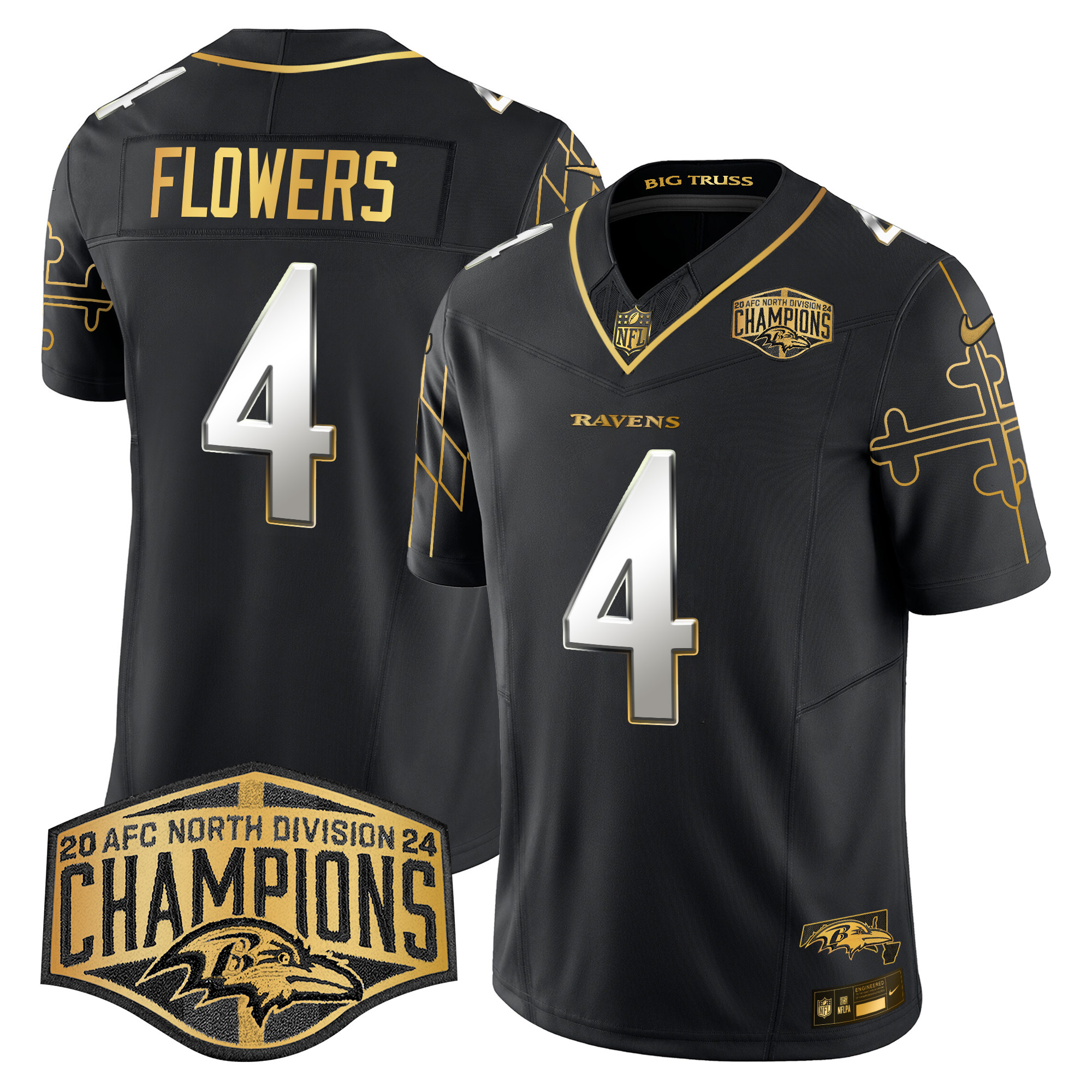 Zay Flowers Men's Baltimore Ravens Maryland Flag Map 2024 AFC North Division Champions Patch Gold Vapor Limited Black Limited Jersey - All Stitched