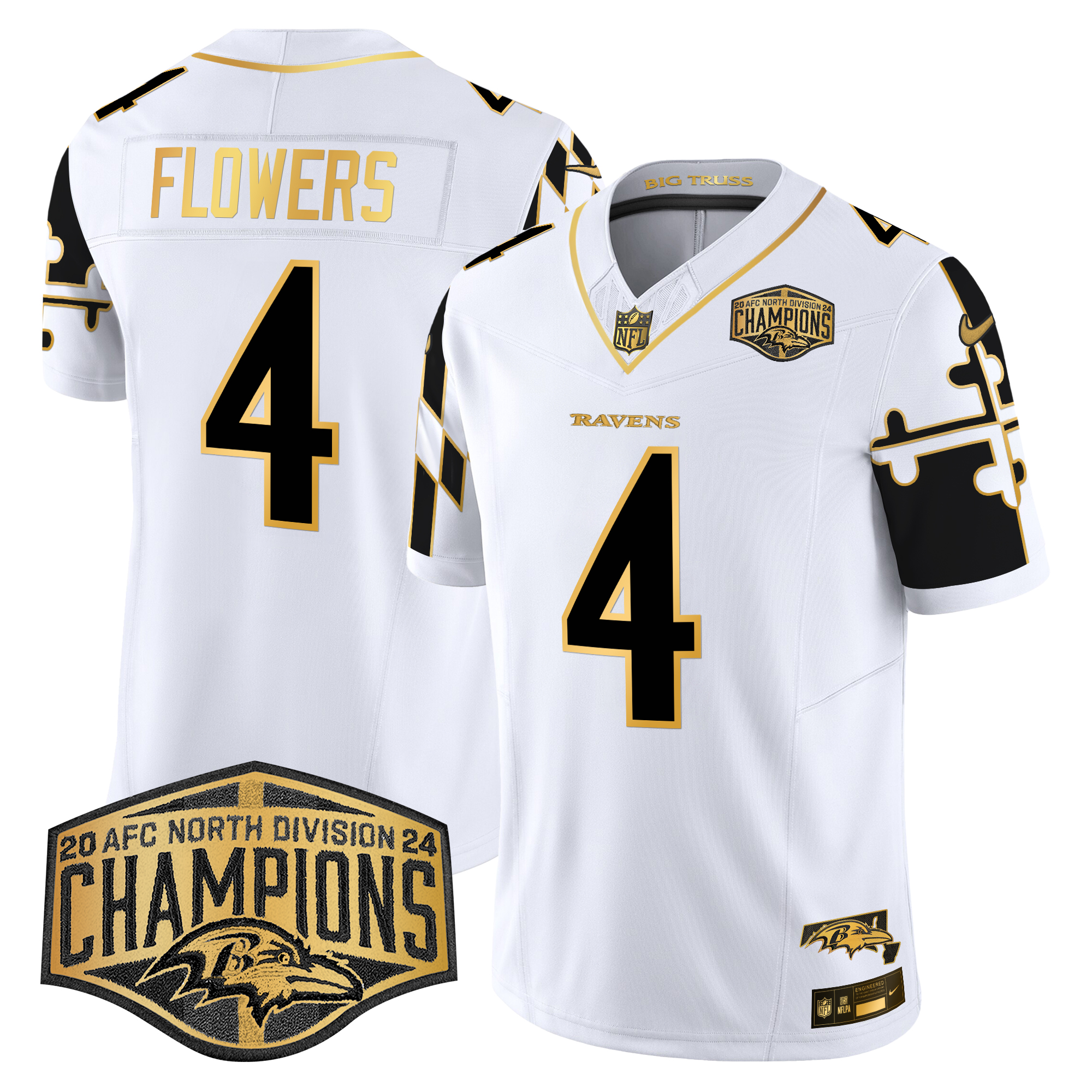 Zay Flowers Men's Baltimore Ravens Maryland Flag Map 2024 AFC North Division Champions Patch Gold Vapor Limited White Gold Jersey - All Stitched