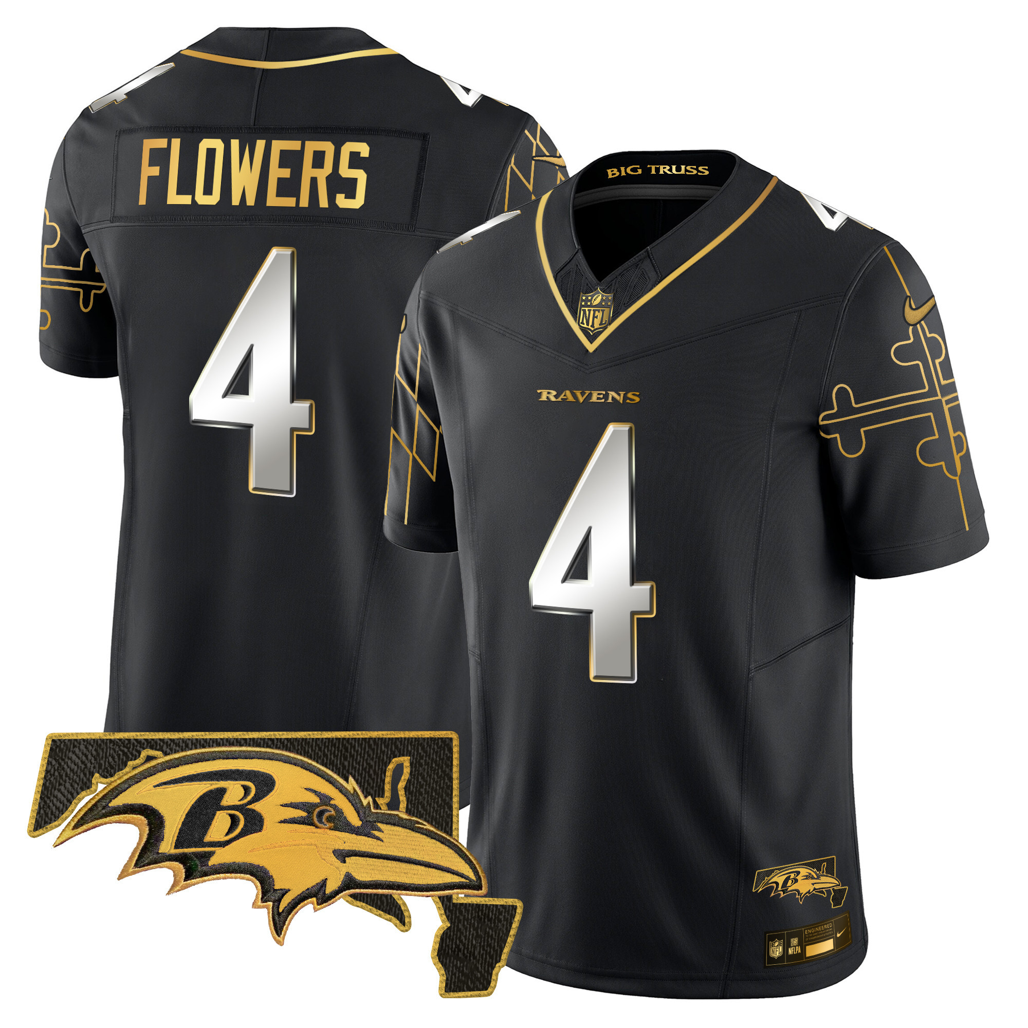 Zay Flowers Men's Baltimore Ravens Maryland Flag Map Patch Gold Vapor Limited Black Limited Jersey - All Stitched