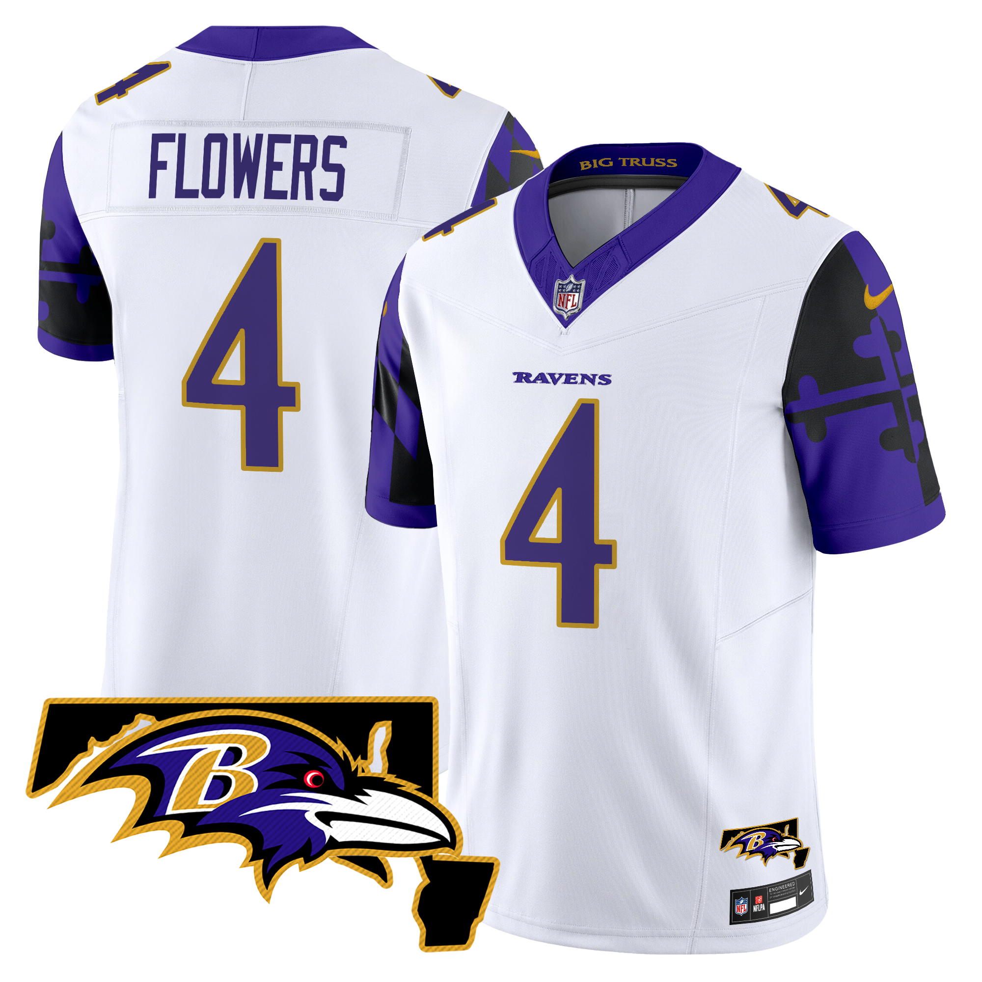 Zay Flowers Men's Baltimore Ravens Maryland Flag Map Patch Vapor Limited White Jersey - All Stitched
