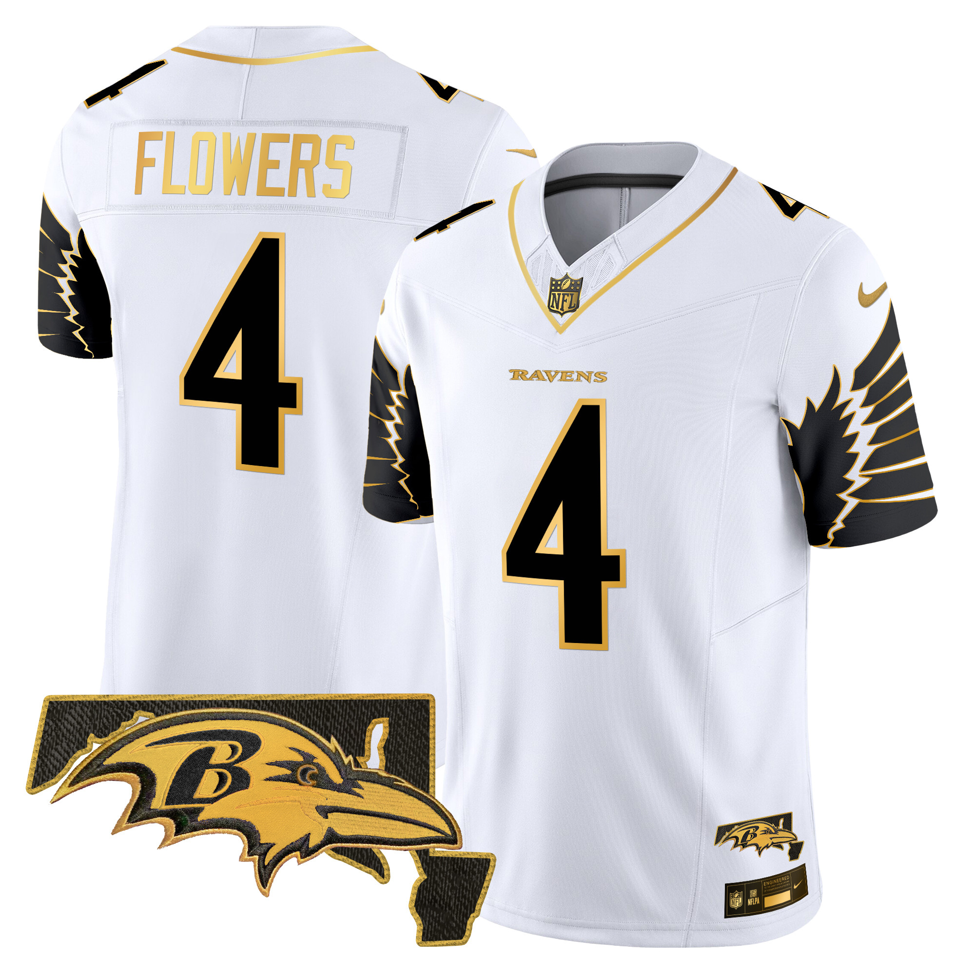 Zay Flowers Men's Baltimore Ravens Maryland Patch Gold Vapor Limited White Gold Jersey - All Stitched