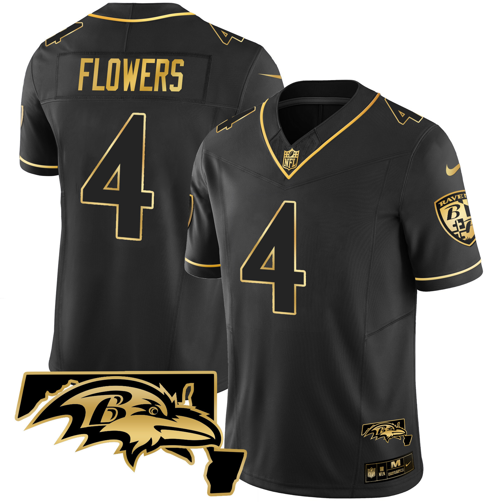 Zay Flowers Men's Baltimore Ravens Maryland Patch Vapor Gold Black Gold Jersey - All Stitched