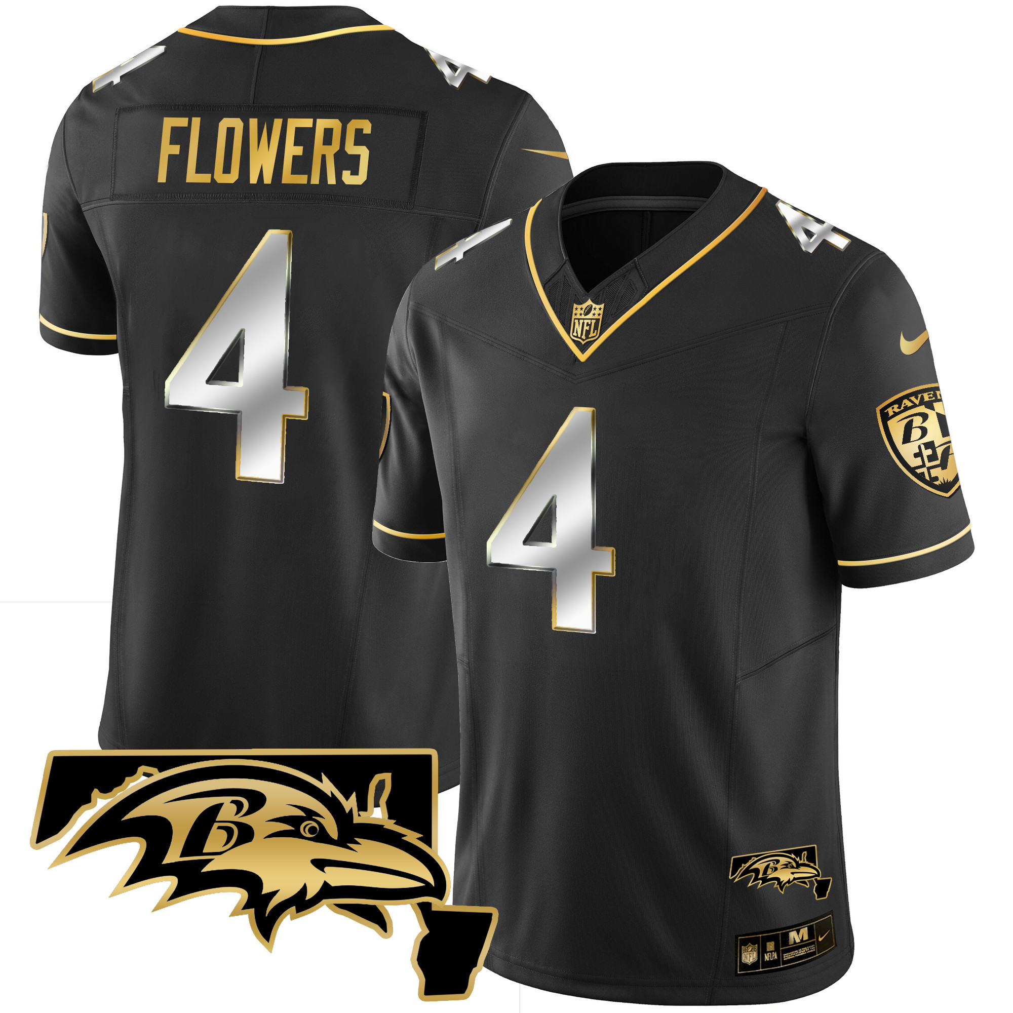 Zay Flowers Men's Baltimore Ravens Maryland Patch Vapor Gold Black Limited Jersey - All Stitched