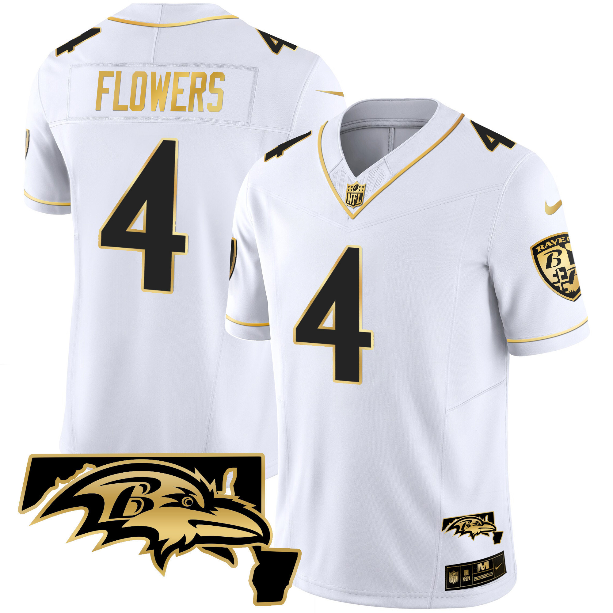 Zay Flowers Men's Baltimore Ravens Maryland Patch Vapor Gold White Gold Jersey - All Stitched