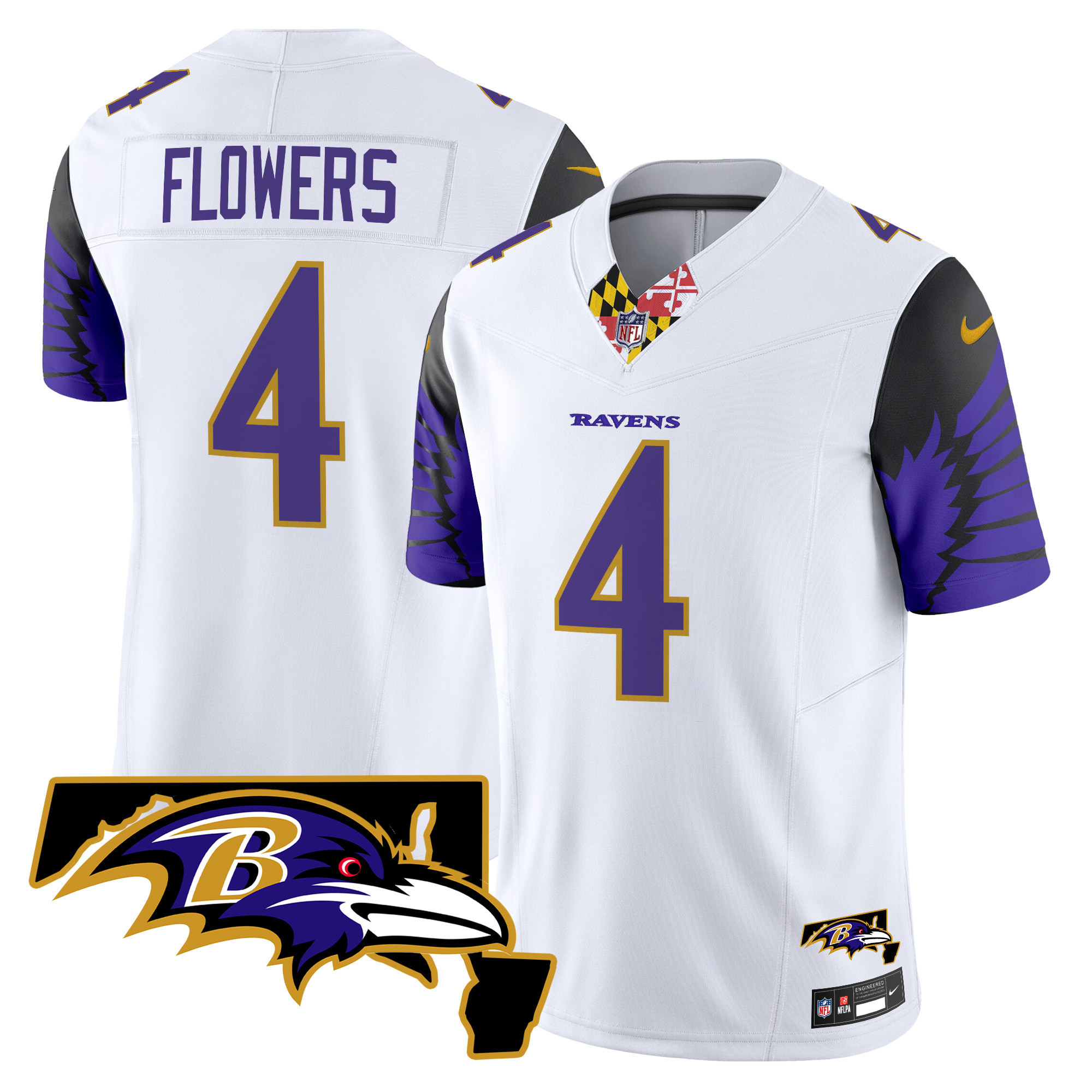 Zay Flowers Men's Baltimore Ravens Maryland Patch Vapor Limited White Jersey - All Stitched