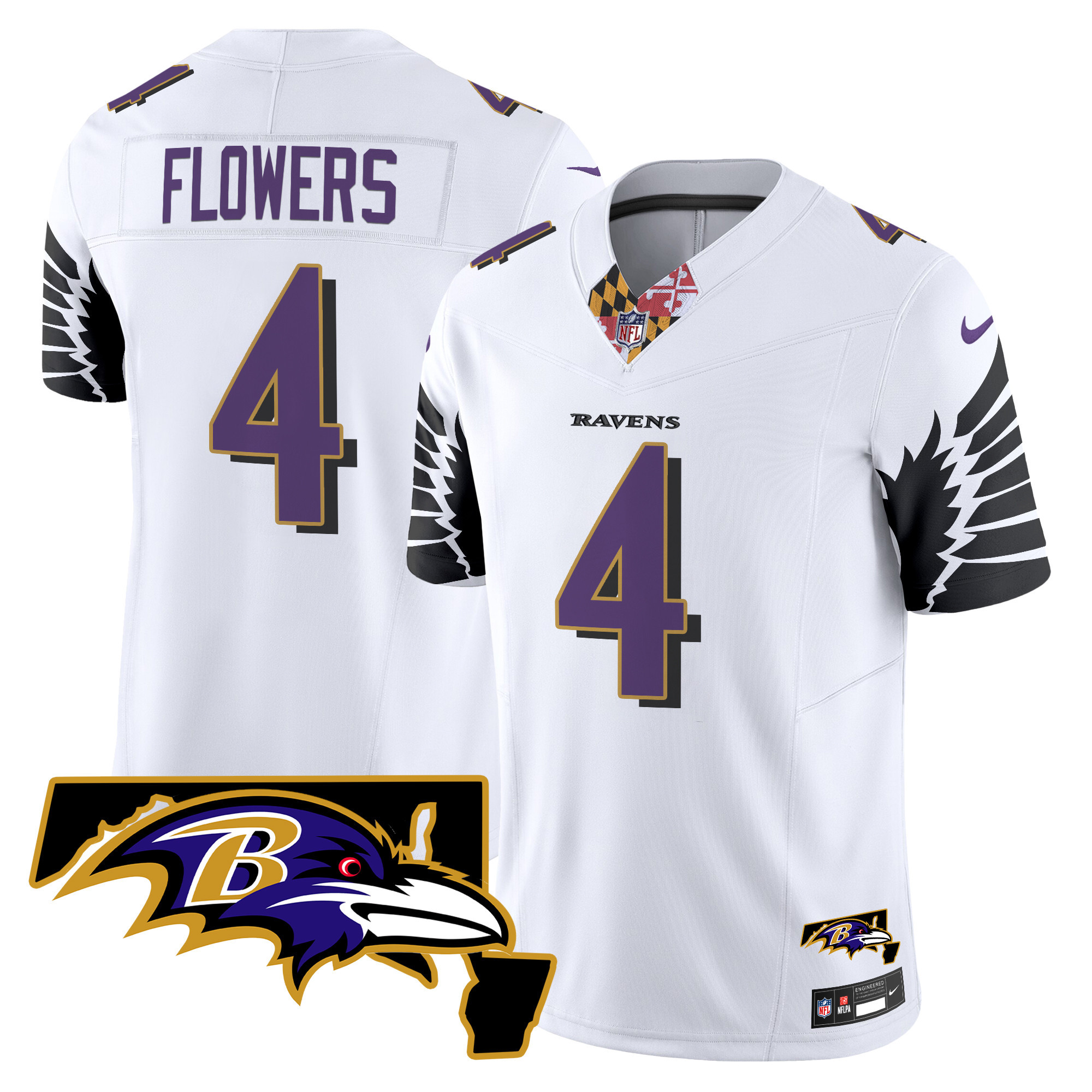 Zay Flowers Men's Baltimore Ravens Maryland Patch Vapor Limited White Jersey - All Stitched