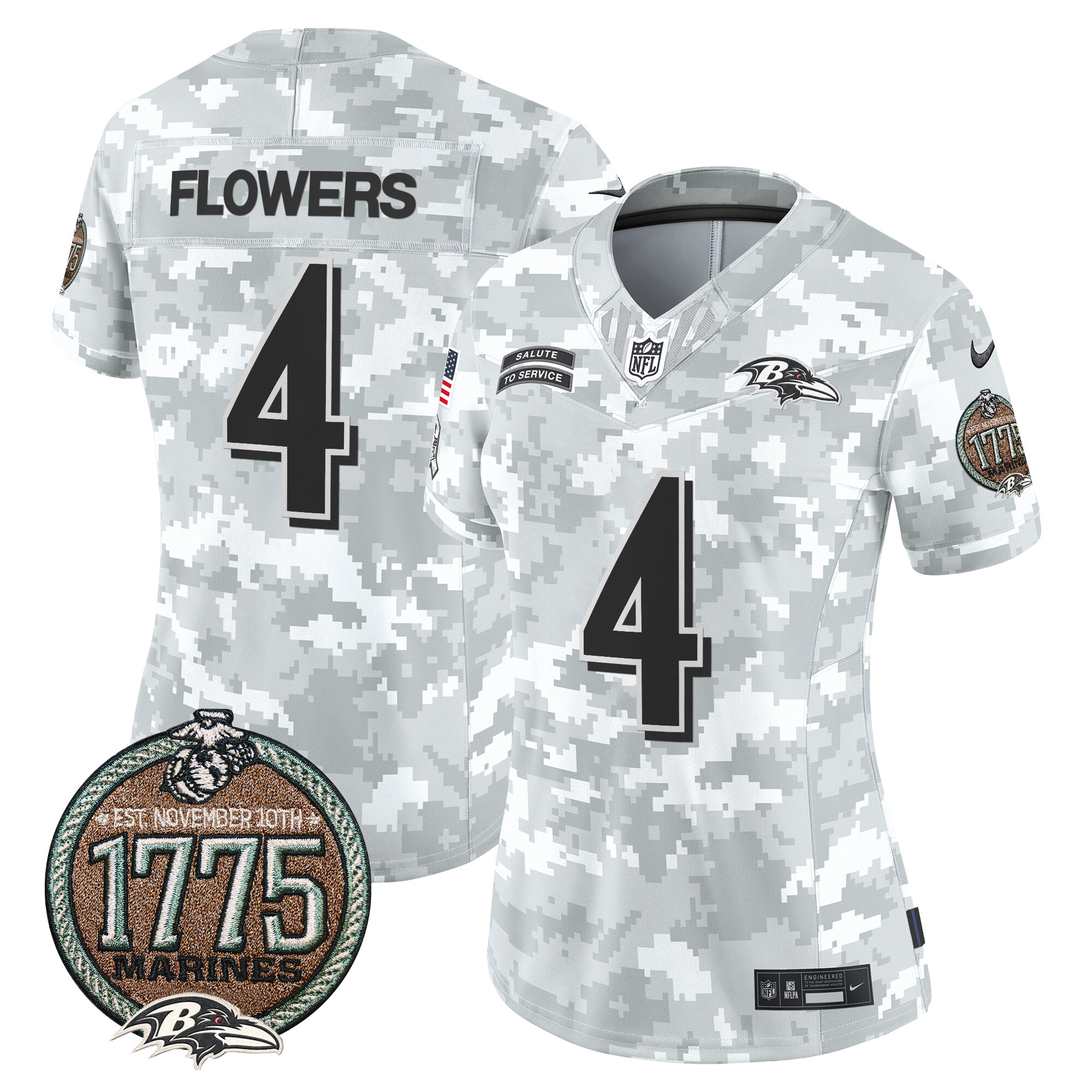 Zay Flowers Women's Baltimore Ravens 2024 Salute to Service Establishment Year Patch Vapor Limited Marines Jersey - All Stitched